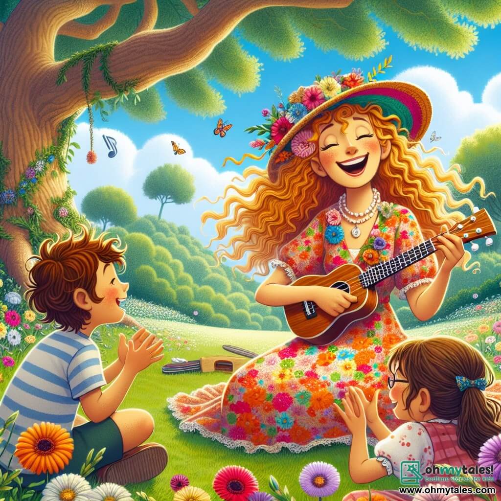 Melody, a cheerful woman with curly golden hair, wears a colorful hat and a bright floral dress. She smiles enthusiastically while playing a shiny ukulele. Ben, a 7-year-old boy with messy brown hair, sits on the grass, excitedly trying to play the ukulele. Next to him, Lily, a 6-year-old girl with long smooth hair in a pink dress, claps with a big smile, eager to sing with Melody. The scene takes place in a green park under a large oak tree, with colorful flowers swaying in the wind and a blue sky dotted with fluffy white clouds. Melody plays her ukulele, surrounded by children listening attentively, ready to sing together, creating an atmosphere of joy and camaraderie.