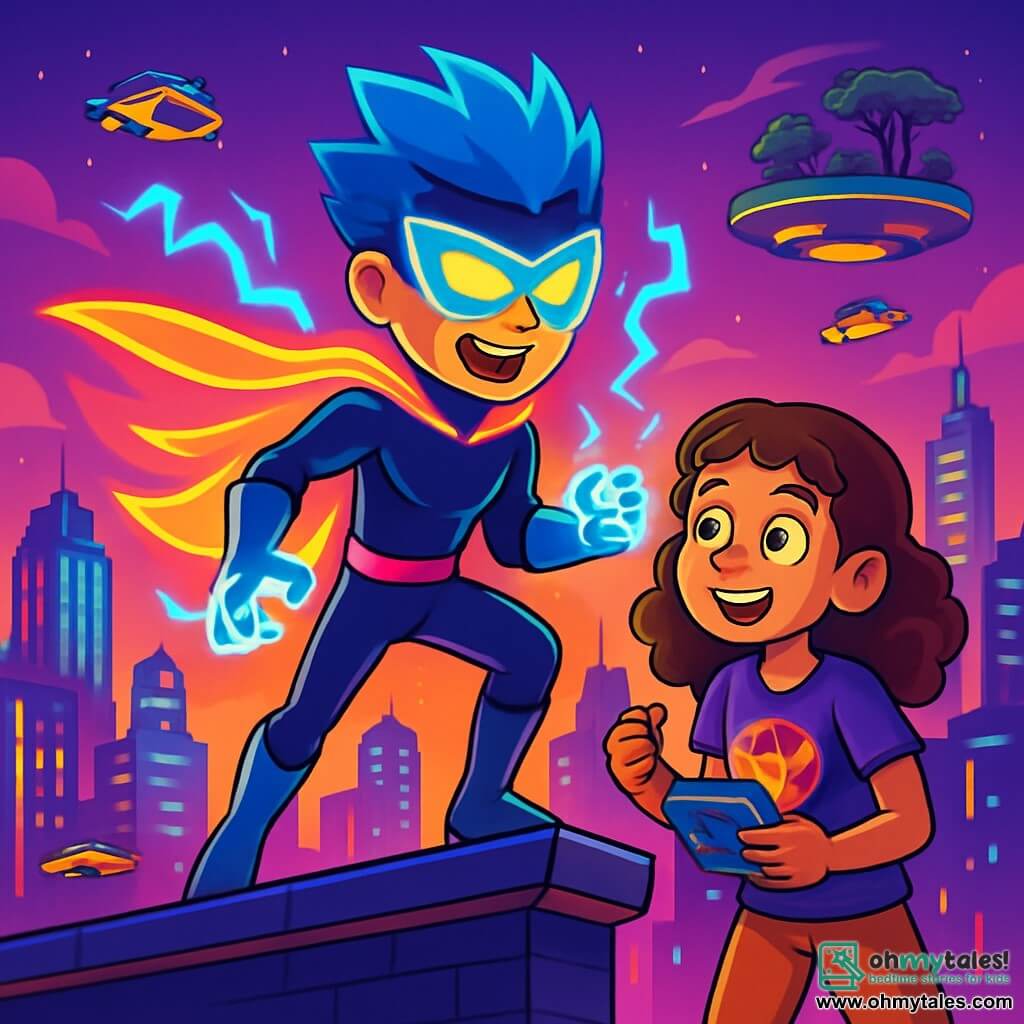 A young man, Wesley Orion, known as Neon Falcon, stands on the edge of a rooftop. He has spiky blue hair, a glowing mask shimmering with excitement, and a cape made of vibrant light. His expression is determined and brave, ready to dive into action. Beside him, a 12-year-old girl, Mia, his best friend, encourages him. She has curly brown hair and wears a superhero-themed t-shirt. She looks down with sparkling eyes of admiration, holding a futuristic gadget in her hands. The setting is Lumina City, with shimmering neon-colored buildings, floating parks in the sky, and flying taxis zipping through the air. The scene takes place at twilight, with the sky tinted purple and orange, illuminating the city below. The main situation shows Neon Falcon ready to jump into action to save the city from a villain causing chaos with malicious drones. Energy bursts emanate from his hands, lighting up the night as he prepares to defend Lumina City.