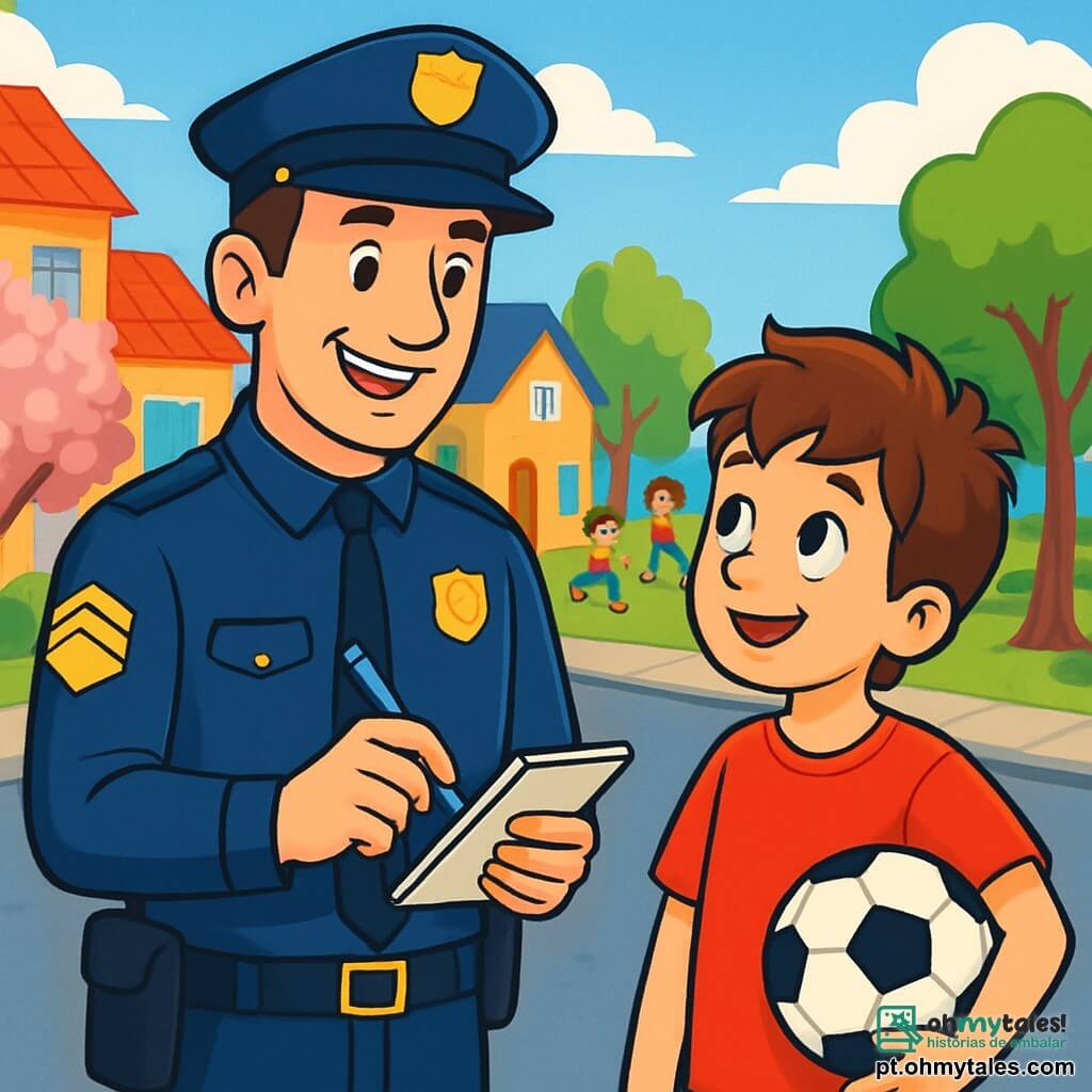 Um policial, o sargento Miguel, está de pé em uma rua movimentada, vestindo um uniforme azul-marinho impecável. Seu rosto é sorridente e confiante, com olhos brilhantes de determinação. Ele segura um caderno em uma mão e uma caneta na outra, pronto para anotar. Ao seu lado, um menino chamado Lucas, de cerca de 10 anos, com cabelos castanhos bagunçados e uma camiseta vermelha, olha para Miguel com admiração, os olhos brilhando de curiosidade. Lucas segura uma bola de futebol debaixo do braço, pronto para jogar após a conversa. O lugar é uma charmosa cidade pequena, com casas coloridas e árvores em flor, sob um céu azul radiante. Crianças brincam em um parque próximo, adicionando uma atmosfera alegre à cena. Miguel explica às crianças a importância da observação e da ajuda mútua, compartilhando histórias de seu trabalho como policial, criando um momento de aprendizado e camaradagem.