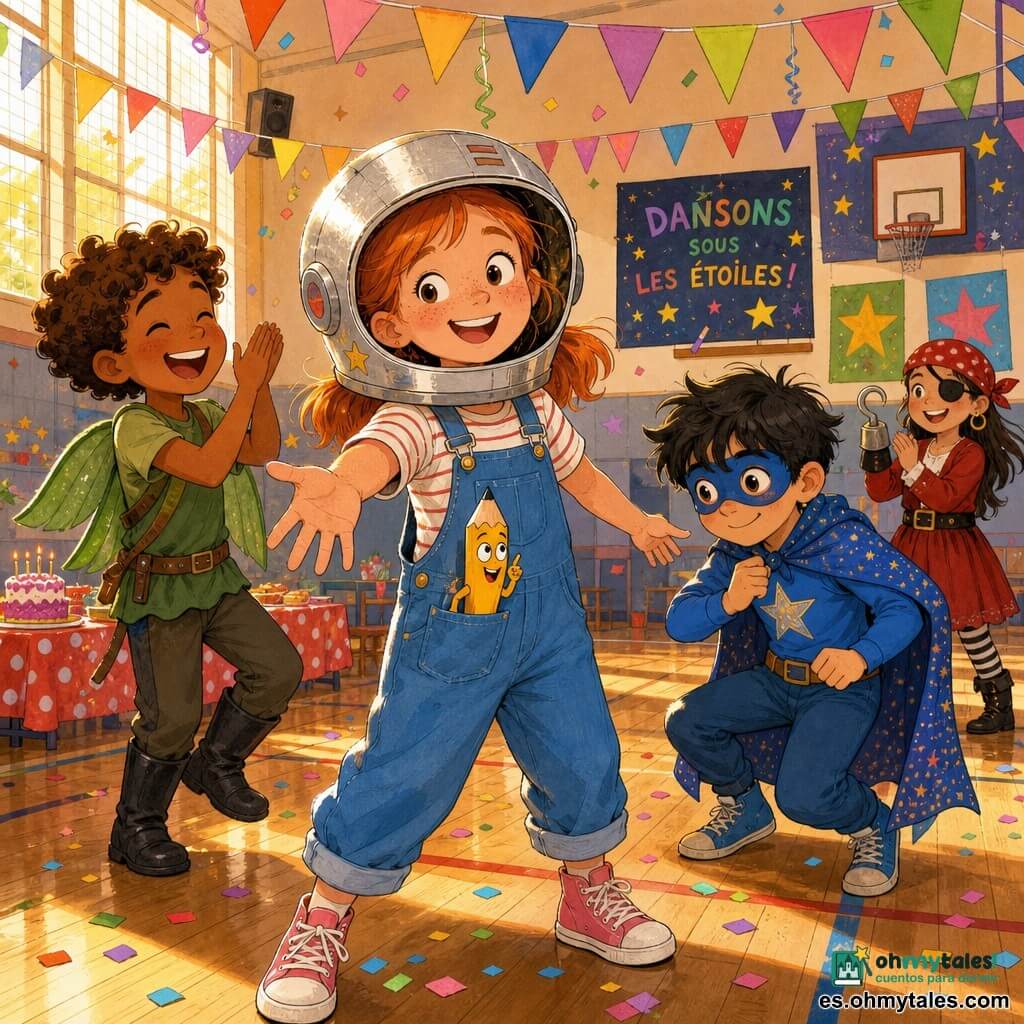 Clara, niña de unos 9 años de rostro redondo y pecas, sonríe confiada con un casco de astronauta hecho en cartón plateado, una peto azul y zapatillas rosas mientras invita a bailar; en su bolsillo asoma Paco, un pequeño lápiz amarillo vivo y travieso; a la izquierda Nico, niño de rizos y piel bronceada con alas verdes y botas negras, aplaude feliz; a la derecha Marcos, en traje de superhéroe azul y capa con puntos brillantes, está medio agachado y tímido; Eva, niña pirata con pañuelo y gancho de cartón, aplaude detrás; el gimnasio escolar luminoso, suelo de madera, guirnaldas y una mesa de pasteles; grupo multicultural de niños jugando y animándose entre risas, estrellas y confeti, colores vivos y texturas de papel.