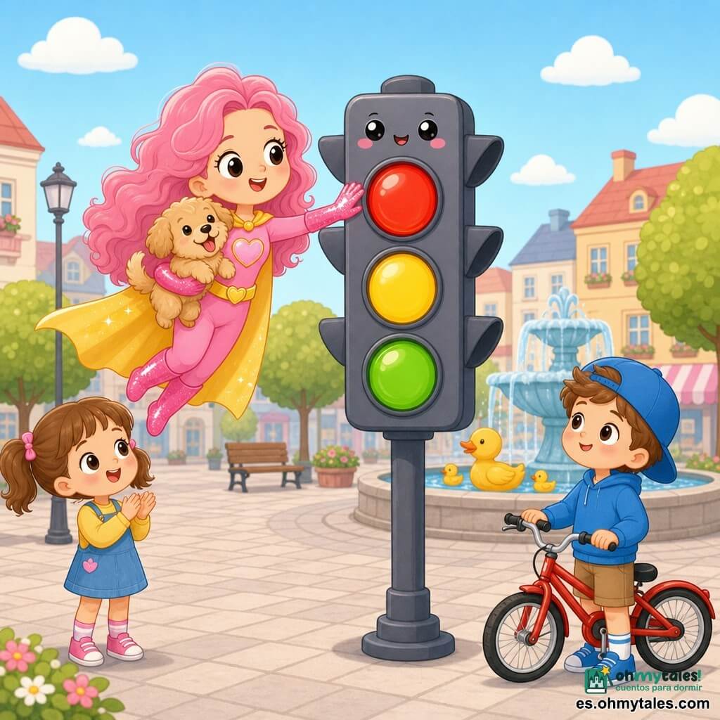 Una superheroína sonriente y segura, de pelo largo rizado rosa, capa amarilla brillante y guantes rosas, toca con una mano un gran semáforo kawaii con ojos y luces rojo, amarillo y verde saturadas mientras flota ligeramente; a su izquierda una niña de unos 6 años con coletas marrones aplaude, a la derecha un niño de unos 8 con gorra azul sostiene una bicicleta roja y mira el semáforo, la superheroína sostiene en brazos un perrito marrón claro con la lengua fuera; la plaza empedrada tiene bancos de madera, árboles redondeados y unos patos amarillos junto a una fuente circular; escena luminosa, colores vivos, trazos redondeados y contornos simples, ambiente alegre y seguro.