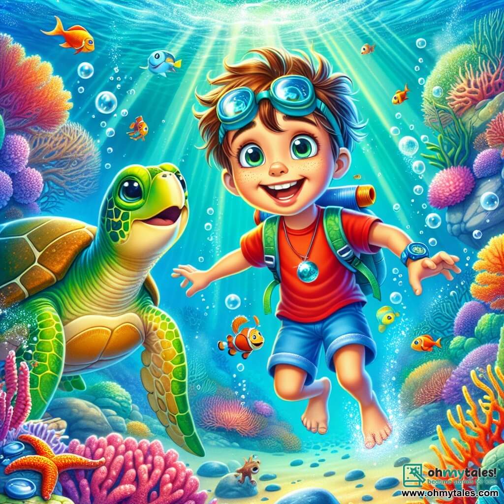 An 8-year-old boy, Oliver, with messy brown hair and diving goggles on his forehead, joyfully swims in a turquoise sea, his face shining with wonder and curiosity. He wears a red t-shirt and blue shorts, holding a small glowing fish in his hand. Next to him, an old green sea turtle, marked by time, swims slowly as if guiding Oliver toward an underwater adventure. A little further away, a wise octopus with colorful tentacles and bright eyes watches him from an underwater garden surrounded by vibrant corals and glowing stones. The setting is a beautiful coral reef, filled with colorful corals, shimmering fish, and rays of light filtering through the clear water. The scene is lively, with air bubbles rising around Oliver and marine creatures playing in the water. The main situation shows Oliver discovering a secret underwater garden, amazed by the beauty around him as he swims with the turtle while the octopus observes him with a kind smile.