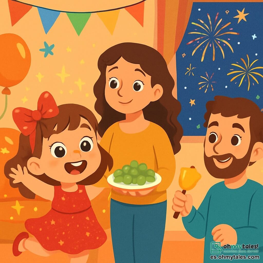 Una niña de 4 años, con grandes ojos brillantes y una sonrisa radiante, lleva un vestido rojo con purpurina y un bonito lazo brillante en su cabello castaño. Salta de alegría, con los brazos levantados, rodeada de luces centelleantes. A su lado, su mamá, una mujer sonriente de unos 30 años, con el cabello largo y rizado, la mira con ternura mientras sostiene un plato de deliciosas uvas. Un poco más lejos, su papá, un hombre de unos 30 años con una barba suave, agita una pequeña campana dorada, listo para celebrar el Año Nuevo. La escena tiene lugar en una sala cálida, decorada con guirnaldas coloridas y globos, con una gran ventana que da a un cielo estrellado lleno de fuegos artificiales. La niña, llena de emoción, sueña con la fiesta que se avecina, lista para recibir el Año Nuevo con su familia.