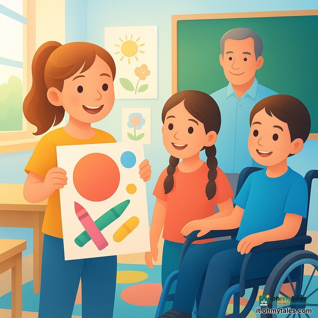 Serena, 8 anni, sorridente con codini, tiene un grande disegno colorato con forme tonde e pastelli a cera; Samuele, 8 anni, guarda ammaliato, capelli corti, seduto su una sedia a rotelle moderna blu vicino al banco davanti a Serena; Martina, 8 anni, con trecce, sorride accanto a Serena con la mano sullo schienale della sedia a rotelle; il maestro Luigi, sulla cinquantina con capelli sale e pepe, sorride benevolo davanti alla lavagna; aula luminosa con grandi finestre, pareti decorate, tavoli chiari e angolo con tappeto colorato; situazione: Serena mostra il disegno per accogliere Samuele, gesto aperto, atmosfera calda e inclusiva, espressioni tenere e colori vivaci.