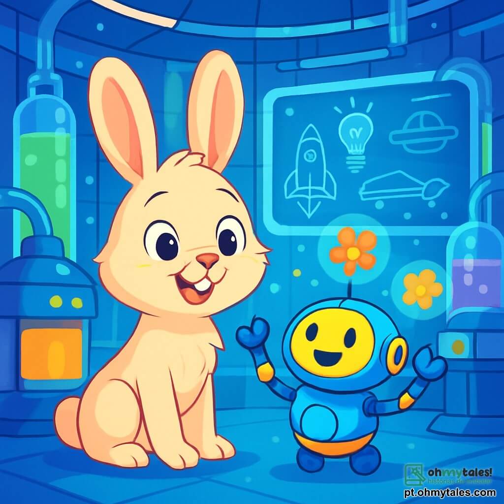 Um coelhinho curioso chamado Léo, com pelagem suave e sedosa de cor creme, grandes orelhas em pé e olhos brilhantes de excitação, está no centro de um laboratório futurista. Ele sorri maravilhado, observando máquinas cintilantes ao seu redor. Ao seu lado, um pequeno robô redondo com braços articulados e um rosto sorridente, nas cores vivas de azul e amarelo, dança alegremente enquanto projeta hologramas de flores luminosas. Ao fundo, uma grande tela exibe imagens de invenções incríveis, enquanto tubos transparentes transportam líquidos coloridos que brilham. O laboratório está cheio de gadgets futuristas, paredes de vidro e luzes piscantes, criando uma atmosfera mágica e dinâmica. Léo e seu amigo robô exploram juntos as maravilhas da tecnologia, compartilhando risadas e descobertas fascinantes.
