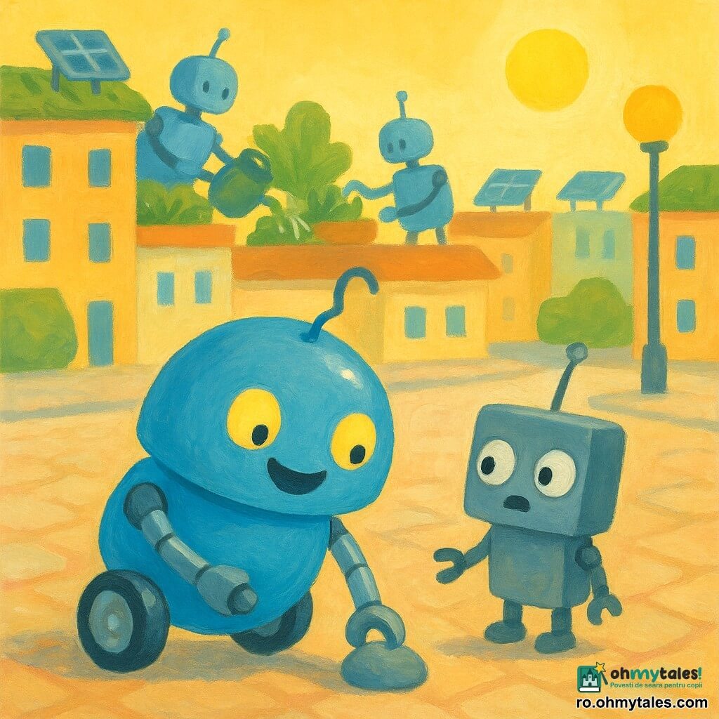 Zumi, un mic robot rotund şi lucios cu o antenă unduitoare, ochi rotunzi luminoşi şi roţi cromate, zâmbind, împinge uşor o pietricică cu o lăbuţă articulată; Bibu, un robot foarte mic dreptunghiular din metal mat cu ochi mari miraţi şi o antenă care se agită, stă puţin în spatele lui şi pare uşurat; în fundal, roboţi grădinari mai mari udă plante pe acoperişuri verzi în partea stângă; cartierul este o stradă largă în tonuri pastelate, pavată cu dale moi, clădiri joase cu grădini pe acoperiş, panouri solare şi stâlpi de iluminat rotunzi, cer limpede şi soare galben blând; scenă caldă şi luminoasă de ajutor tandru, Zumi ridică o piatră ca să elibereze roţile lui Bibu, compoziţie clară cu forme simple, culori vii, texturi gouache, trăsături moi şi contururi uşor neregulate, atmosferă primitoare.