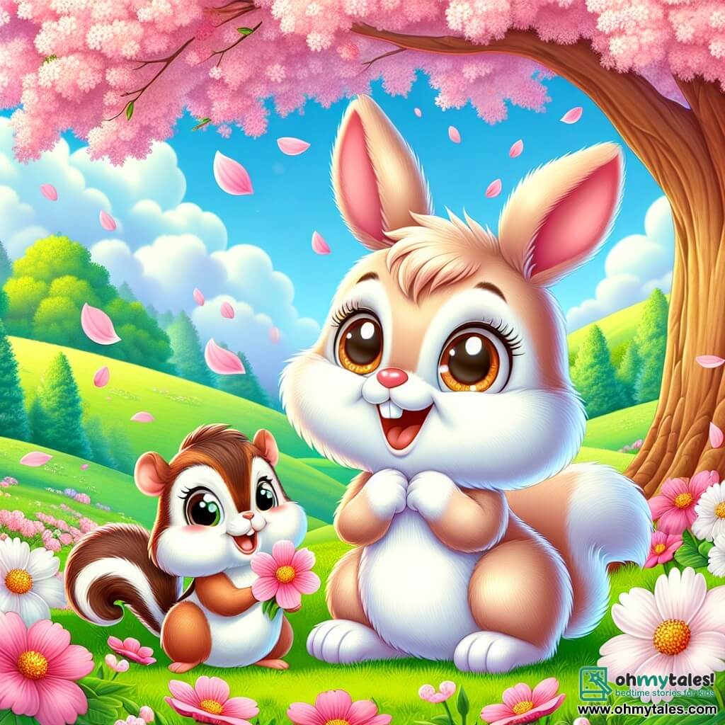 In the center of the image, Benny, a small rabbit with soft, fluffy light brown fur, sits joyfully under a majestic cherry blossom tree. His big, bright eyes express wonder as he admires the pink petals falling around him, creating a shower of flowers. Next to him, Daisy, a playful chipmunk with brown and white stripes on her back, smiles enthusiastically, holding a small flower in her front paws. She appears full of life and energy, ready to share this spring beauty with her friend. The setting is a beautiful green field dotted with colorful flowers, with a clear blue sky and fluffy clouds gently floating by. In the background, majestic trees and gentle hills add to the serenity of the landscape. The scene captures a moment of joy and wonder as Benny and Daisy marvel together at the beauty of spring, surrounded by the magic of awakening nature.