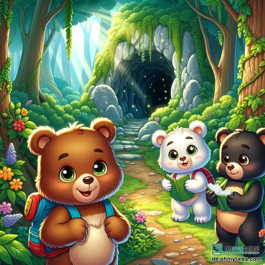 Ein junger Braunbär mit funkelnden Augen und strahlendem Lächeln, der einen bunten Rucksack trägt, steht vor einer geheimnisvollen Höhle in einem grünen Wald. Er wirkt aufgeregt und neugierig, bereit, diesen magischen Ort zu erkunden. Neben ihm steht eine weiße Bärin mit weichem Fell und leuchtenden Augen, die die Höhle bewundernd betrachtet und ansteckende Freude ausstrahlt. Ein weiterer junger Schwarzbär mit glänzendem Fell und agilen Pfoten macht sich Notizen in einem kleinen Notizbuch und zeigt einen konzentrierten und entschlossenen Gesichtsausdruck. 

Die Szene spielt sich in einem üppigen Wald ab, wo große Bäume mit leuchtenden Blättern eine dunkle Höhle umgeben, deren Eingang mit Lianen und bunten Blumen geschmückt ist. Sonnenstrahlen dringen durch das Blätterdach und erhellen den mit Wildblumen und funkelnden kleinen Steinen bedeckten Boden. 

Die drei Freunde stehen vor der Höhle, bereit, einen Schatz an alten Geschichten zu entdecken, ihre Herzen schlagen vor Aufregung bei dem Gedanken an die bevorstehenden Abenteuer.