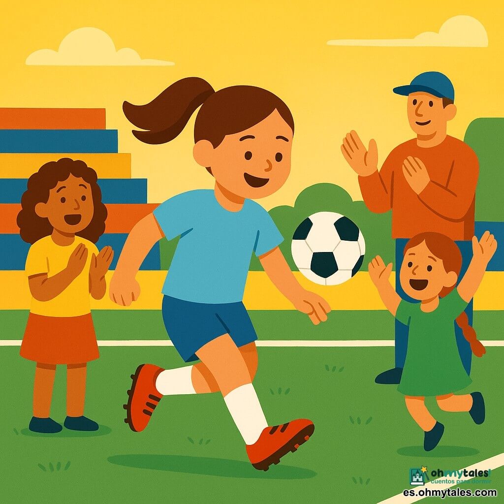 Clara, niña de 9 años, en el centro; feliz, sonriente y concentrada, coleta alta, ropa azul cielo y botas de fútbol rojas, dando el vigésimo toque: el balón blanco y negro justo sobre su pie derecho. Una amiga de ~9 años, pelo rizado y camiseta amarilla, aplaude de pie a la izquierda con rostro maravillado. Otra amiga de ~8 años, con trenza y ropa verde, salta de alegría a la derecha con las manos en alto. El entrenador, hombre de ~40 años con gorra, en un segundo plano aplaude orgulloso. La madre, mujer de ~35 años con vestido ligero, cerca de la puerta del pequeño estadio, sonriente. Lugar: campo de fútbol con césped verde texturado, líneas blancas nítidas y gradas en bloques rojos, azules y amarillos bajo un cielo dorado de atardecer con rayos suaves. Situación: momento de victoria sencillo y alegre: Clara cumple su reto, balón suspendido, amigos aplaudiendo, ambiente cálido y luminoso, composición clara y legible para niños pequeños.