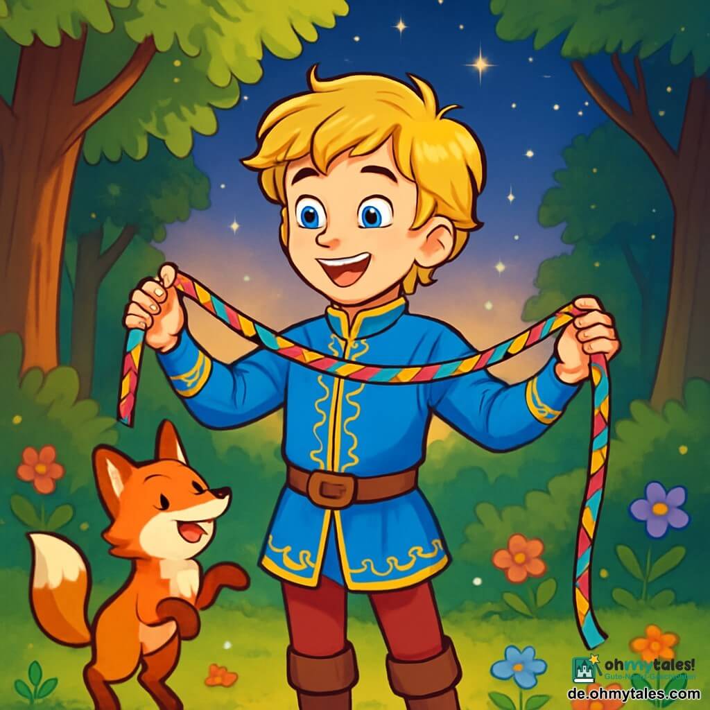 Ein junger Prinz, Leopold, etwa 12 Jahre alt, steht im Mittelpunkt der Szene, mit goldblonden Haaren, die in der Sonne glänzen, und einem staunenden Lächeln auf seinem Gesicht. Er trägt eine blaue Tunika mit goldenen Mustern, und seine Augen funkeln vor Aufregung, während er ein wunderschönes, farbenfrohes Seidenband in seinen Händen hält. Neben ihm springt ein kleiner, listiger Fuchs namens Finn, mit leuchtend orangefarbenem Fell und einem buschigen Schwanz, fröhlich um den Prinzen, seine schelmischen Augen leuchten vor Begeisterung. Die Szene spielt in einer verzauberten Lichtung, umgeben von hohen Bäumen mit strahlend grünen Blättern, und bunten Blumen, die den Boden bedecken. Ein sanfter Sonnenstrahl filtert durch die Äste und taucht die Lichtung in goldenes Licht. Prinz Leopold misst die Länge des Seidenbands, während funkelnde Sterne am dämmernden Himmel erscheinen und eine magische, märchenhafte Atmosphäre schaffen.