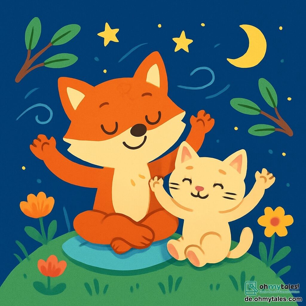 Ein kleiner Fuchs mit rotem, weichem Fell, großen glänzenden Augen und einem friedlichen Lächeln liegt auf einem flauschigen Kissen und atmet tief mit einem gelassenen Ausdruck ein. Neben ihm kuschelt sich ein kleines Kätzchen mit cremefarbenem Fell, funkelnden Augen und sanftem Schnurren an den Fuchs und zeigt einen Ausdruck von Ruhe und Glück. Die Szenerie ist ein friedlicher Erdhügel, umgeben von bunten Blumen und sanftem grünem Gras, unter einem sanft funkelnden Sternenhimmel. Die Szene spielt in einer beruhigenden nächtlichen Atmosphäre, in der der leichte Wind die Blätter der Bäume zum Tanzen bringt. Der kleine Fuchs und das Kätzchen praktizieren gemeinsam eine Zen-Atmung, heben die Arme wie Äste von Bäumen, während der Wind sie mit einer sanften Melodie umhüllt.