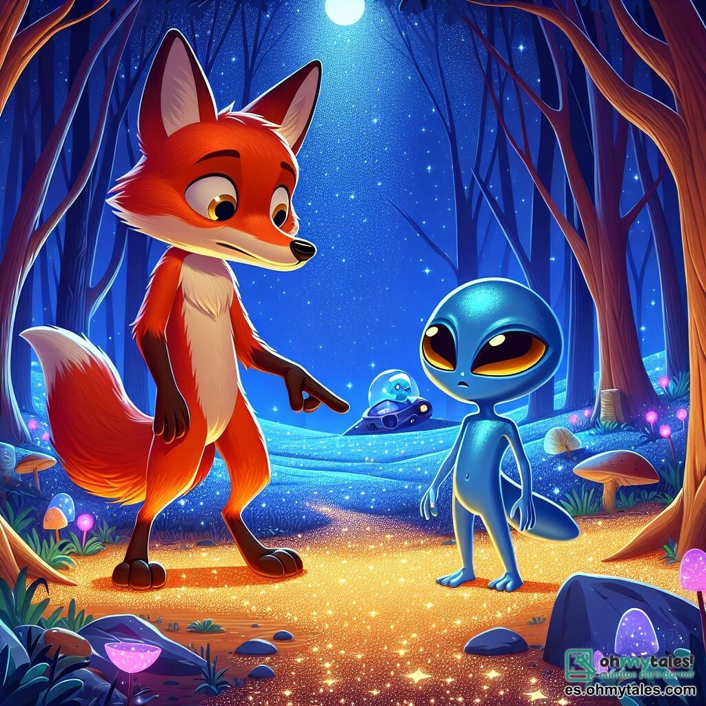 Zorrito, un joven zorro de pelaje rojo brillante y ojos llenos de curiosidad, se sostiene sobre sus patas traseras, observando con fascinación a una pequeña criatura extraterrestre. Xylo, el extraterrestre, es una pequeña criatura azul con grandes ojos dorados y piel lisa, mostrando una expresión de preocupación mientras examina su nave espacial dañada. El escenario se sitúa en un claro encantado, bañado por la luz plateada de la luna, rodeado de árboles con hojas brillantes y flores luminosas que iluminan el suelo. Zorrito y Xylo están juntos, Zorrito señalando un camino misterioso hacia una montaña lejana, mientras que Xylo, con un aire decidido, parece listo para aventurarse en busca del valioso mineral.