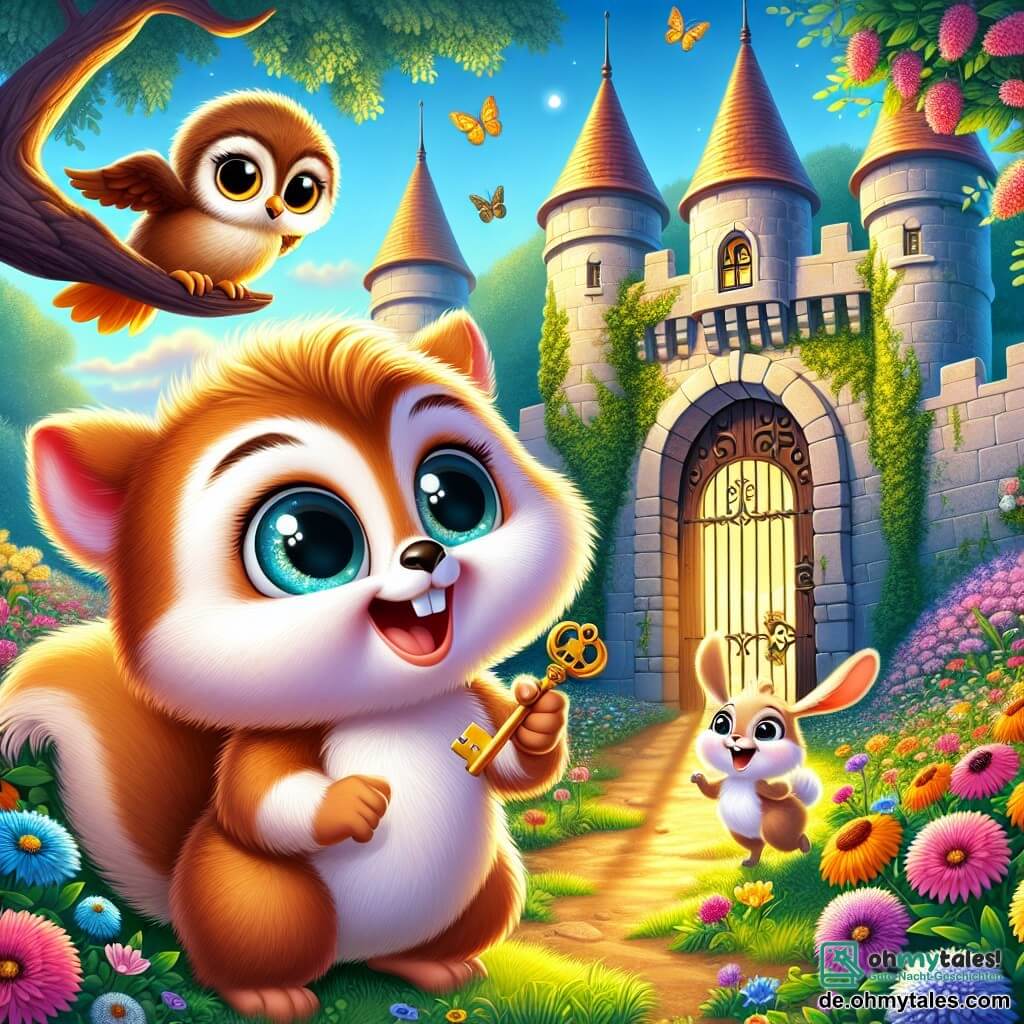 Fips, ein kleines, pelziges Tier, das einem Eichhörnchen ähnelt, mit einem breiten Lächeln und neugierigen, funkelnden Augen, steht vor einem alten Schloss, das von bunten Blumen überwuchert ist. Er dreht den goldenen Schlüssel im Schloss der großen Tür, mit einem Ausdruck von Aufregung und Vorfreude im Gesicht. Neben ihm sitzt Ella, eine weise Eule mit weichen Federn und runden Augen, die ermutigend schaut, während sie auf einem nahegelegenen Ast sitzt. Hopsi, ein kleiner Hase mit großen Ohren und weißem Fell, hüpft fröhlich umher, seine Augen strahlen vor Glück, während er eine Karotte in seinen Pfoten hält. Der Ort ist ein magischer Garten, gefüllt mit leuchtenden Blumen, schwirrenden Schmetterlingen und einem hellblauen Himmel, wo die Sonne sanft scheint und das alte Schloss beleuchtet, dessen Wände mit Efeu und wilden Blumen bedeckt sind. Die Hauptsituation zeigt Fips, Ella und Hopsi, die bereit sind, den verborgenen Schatz hinter der Tür des Schlosses zu entdecken, was ihren Mut und ihren Abenteuergeist symbolisiert.