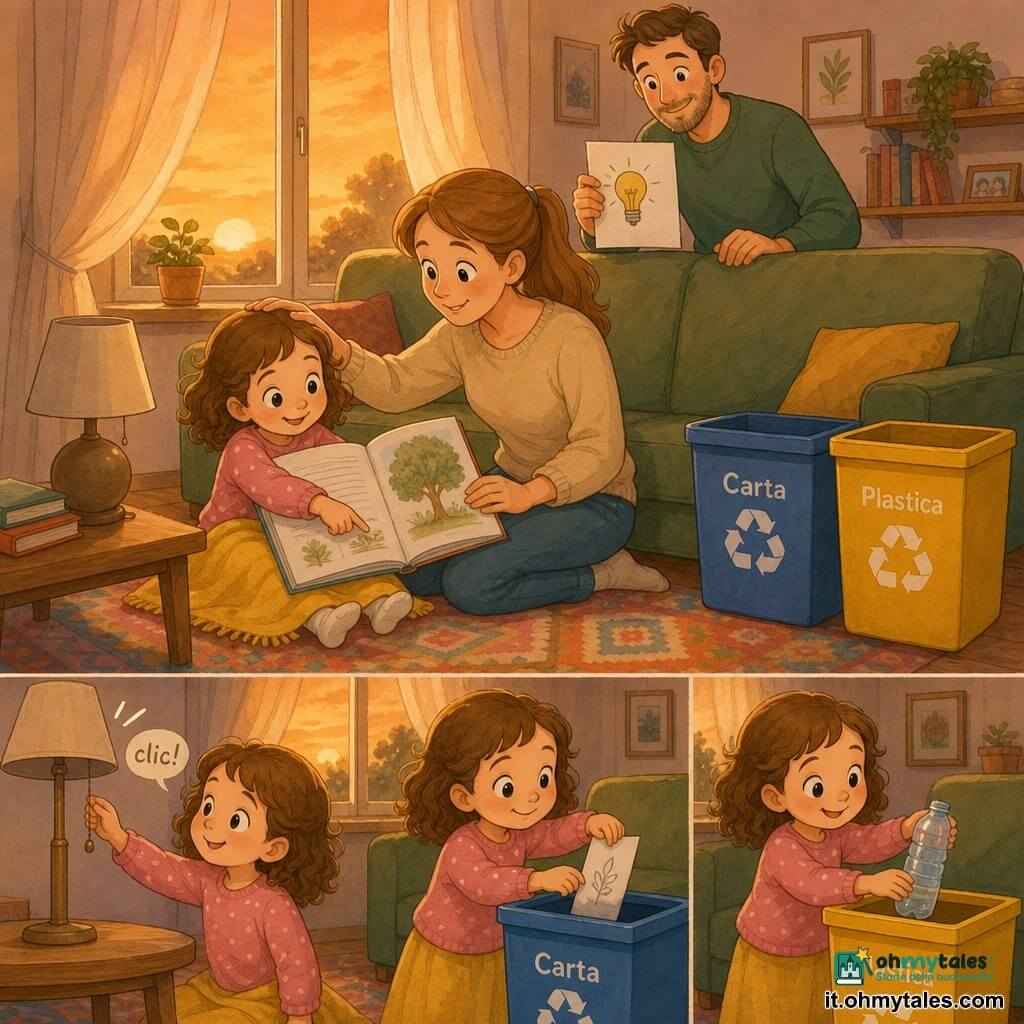 Bambina di 4 anni, gioiosa e concentrata, capelli castani ricci sopra le spalle, grandi occhi tondi, piccola coperta gialla sulle ginocchia, tiene un libro aperto e indica un'immagine di albero; mamma di circa 30 anni, sorridente e dolce, capelli castano chiaro raccolti in coda, seduta sul tappeto accanto alla bambina, le accarezza la testa; papà di circa 32 anni, sguardo benevolo, barba leggera, in piedi dietro il divano, tiene un disegno di una lampadina stilizzata; soggiorno caldo di sera con tappeto a motivi, finestra con tenda leggera e bagliore arancione del tramonto, piccola pianta sul davanzale e lampada spenta vicino al tavolino; due contenitori per il riciclo ben visibili etichettati "Carta" e "Plastica" affiancati vicino al divano; azione principale: la bambina legge e compie gesti ecologici — spegne una lampada, mette una pagina nel contenitore "Carta" e una bottiglia nel contenitore "Plastica", espressione fiera e serena; stile grafico: inchiostro colorato delicato, contorni sottili, colori caldi e texture di carta acquerello, atmosfera calma e intima.