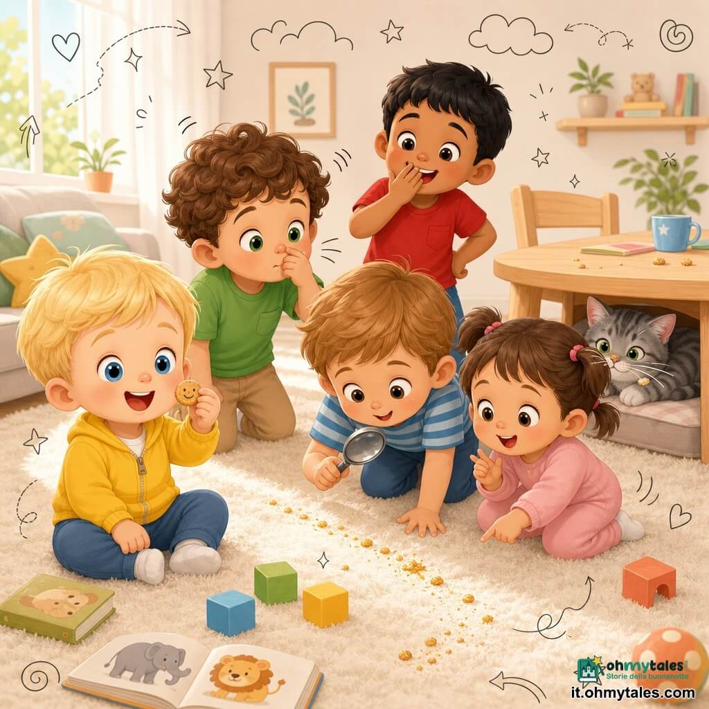 Ci sono 6 personaggi: Leo, 3 anni, biondo corto, occhi azzurri, giacca gialla, tiene un biscotto e sorride, in primo piano a sinistra; Teo, 3 anni, capelli castani ricci, maglietta verde, annusa curioso, accanto a Leo verso il centro; Sami, 3 anni, carnagione olivastra, capelli neri corti, maglietta rossa, ride con la mano sulla bocca, dietro Teo a destra; Nino, 3 anni, castano chiaro, maglietta a righe blu, inginocchiato sul tappeto al centro, tiene una cucchiaio usata come lente; Mia, 2 anni, capelli castani a codini, body rosa, seduta davanti a Nino, batte le mani e indica la scia di briciole; Pino il gatto, piccolo grigio tigrato con baffi bianchi e una briciola sul baffo, sdraiato sotto il tavolo dietro a destra con sguardo malizioso. Luogo: salotto luminoso con ampio tappeto crema, cubi colorati, un libro di animali aperto, tavolino in legno chiaro e sedia, luce morbida da una finestra a sinistra e alcuni giochi sparsi. Situazione: i bambini seguono una scia di briciole lucenti che va dal vassoio di biscotti sul tappeto fino al tavolo; Nino mostra la pista con la cucchiaio-lente, Mia indica felice e il gatto è sotto il tavolo vicino al biscotto caduto.