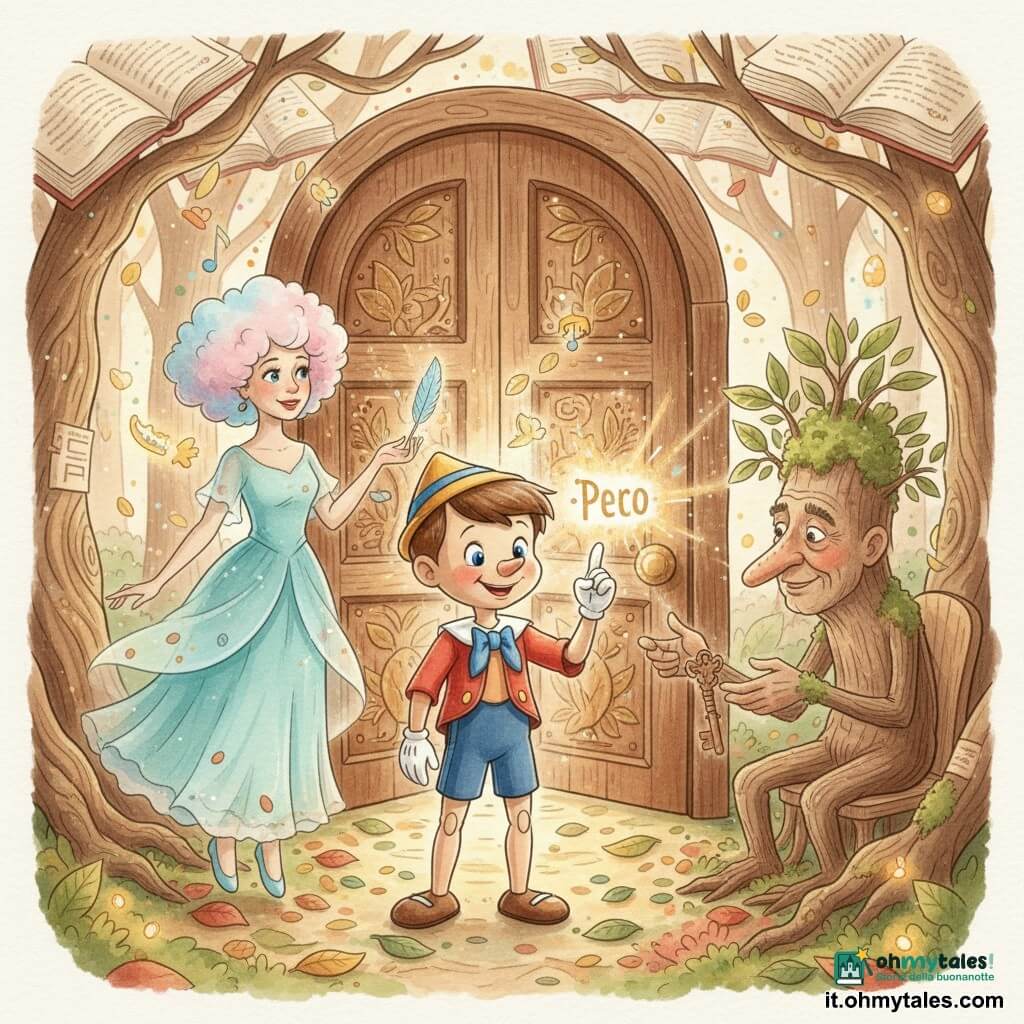 Pinocchio, un ragazzo di legno dal volto espressivo e sorriso malizioso, guarda meravigliato un piccolo nome luminoso appoggiato sulla punta del suo indice; la Fata Turchina, donna adulta dai capelli color zucchero filato e veste turchese traslucida, fluttua leggermente a sinistra tenendo una penna cantilenante che emette note visibili, sguardo benevolo; Ramiro, un vecchio ramo-albero antropomorfo dal volto rugoso coperto di muschio, porge una chiave di legno da destra con radici che formano un piccolo sedile; dietro Pinocchio si apre la grande porta dell'eco, massiccia in legno scuro intagliato con foglie e lettere dorate, socchiusa e da cui fuoriescono raggi di luce e piccoli nomi colorati; ambientazione nel Bosque dei Ricordi con tronchi che ondulano come pagine, tappeto di foglie dai toni caldi e lucciole come macchie d'oro; momento principale: istante magico e intimo in cui Pinocchio riceve il suo nome luminoso davanti alla porta incantata, atmosfera calda e dolce, palette acquerello pastello con tocchi d'oro, luce soffusa dalla porta.