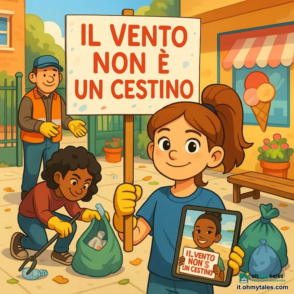 Una ragazza di 12 anni dal sorriso determinato, occhi vivaci e capelli castano chiaro legati in coda, con maglietta blu e guanti gialli tiene al centro del cortile un grande cartello dipinto a mano con la scritta "Il vento non è un cestino" in lettere rosse; accovacciata a sinistra la sua amica Nora, 12 anni, capelli neri ricci e sguardo malizioso, usa una pinza per raccogliere plastica in un sacco verde; sullo sfondo all'ingresso il signor Carlo, circa 50 anni, con viso sorridente, berretto e giubbotto arancione, porge guanti e supervisiona la raccolta; sulla piccola tavoletta tenuta dalla protagonista si vede in vignetta Amina, 12 anni, pelle mista e capelli raccolti, che sorride mostrando una spiaggia con un cartello simile; il cortile scolastico è luminoso con pavimento in cemento chiaro, panchina di legno consumata, griglia metallica verde, tombino rotondo, vasetti di fiori e un muro colorato dipinto con un ghiacciaio stilizzato; scena collettiva e gioiosa di bambini che puliscono, sacchi pieni di plastica e manifesti colorati; stile visivo 3D cartoon cel-shading, colori vivaci, texture semplici e ombre nette, composizione chiara con la ragazza col cartello in primo piano.