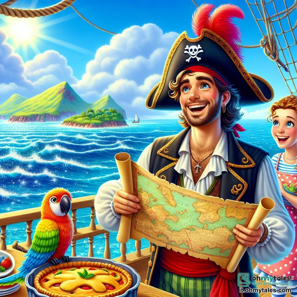 Un uomo, Capitan Leo, si erge orgogliosamente sul ponte della sua nave, La Balena Allegra. Indossa un grande cappello da pirata nero ornato di una piuma rossa, e il suo viso è illuminato da un ampio sorriso di eccitazione. I suoi occhi brillano di avventura, mentre tiene in mano una mappa antica, guardandola con meraviglia. Accanto a lui, un pappagallo colorato di nome Giovanni, con piume verdi e gialle, è posato sulla sua spalla, ridendo gioiosamente. Più in là, la cuoca Tina, una donna di circa 30 anni con capelli ricci e un grembiule a pois, prepara una grande torta di pesce su un tavolo di legno, osservando Leo con un sorriso incoraggiante. Il luogo è un magnifico oceano blu, punteggiato di onde scintillanti sotto un cielo soleggiato, con l'Isola delle Nuvole all'orizzonte, circondata da nebbie misteriose e montagne a forma di nuvole. La scena principale mostra Capitan Leo, entusiasta, mentre scopre la mappa del tesoro, mentre Giovanni fa piroette sulla sua spalla e Tina, divertita, lo incoraggia a partire per l'avventura.