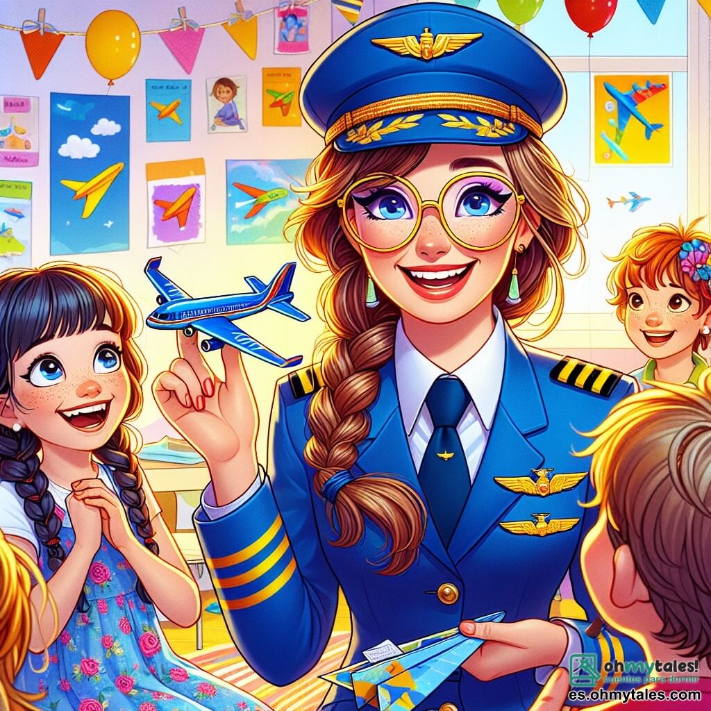 La capitana Lucía, una mujer sonriente de unos 30 años, lleva un uniforme de piloto azul brillante con galones dorados. Sus ojos brillan de emoción y orgullo mientras sostiene un pequeño avión de juguete en su mano. A su lado, Manuel, un niño de 10 años con gafas redondas y cabello castaño despeinado, levanta la mano con entusiasmo, listo para hacer una pregunta. Sofía, una niña de 9 años con largas trenzas y un vestido de flores, mira a Lucía con admiración, sosteniendo un avión de papel que acaba de hacer. La escena se desarrolla en un aula colorida, decorada con dibujos de aviones y nubes de papel colgadas del techo. Globos de fiesta flotan alrededor, creando un ambiente alegre y festivo. Lucía explica con pasión cómo convertirse en piloto, mientras los niños, sentados en círculo a su alrededor, ríen y se divierten imitando ruidos de aviones. La atmósfera está llena de curiosidad y sueños, cada uno imaginando ya sus propias aventuras en el cielo.