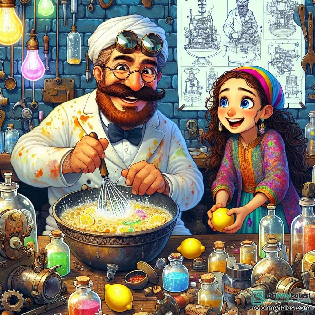 Un bărbat vesel, cu fața zâmbitoare și o mustață mare roșie, amestecă ingrediente într-un bol mare în atelierul său. Poartă un halat de inventator plin de pete de vopsea și ochelari rotunzi care îi alunecă de pe nas. Lângă el, o fetiță de 8 ani, cu părul lung și brunet și ochi strălucitori, observă cu uimire. Ea poartă o rochie colorată și ține o lămâie în mână, pregătită să o adauge la rețetă. Atelierul este plin de unelte strălucitoare, planuri de invenții atârnate pe pereți și sticle de toate culorile. Mașini ciudate și prototipuri sunt împrăștiate în jurul lor, creând o atmosferă magică și creativă. Scena ilustrează momentul în care bărbatul și fetița amestecă lămâile, apa și zahărul pentru a crea o limonadă. Bulele efervescente se ridică din bol, iar râsetele răsună în aer, ilustrând bucuria invenției și a prieteniei.