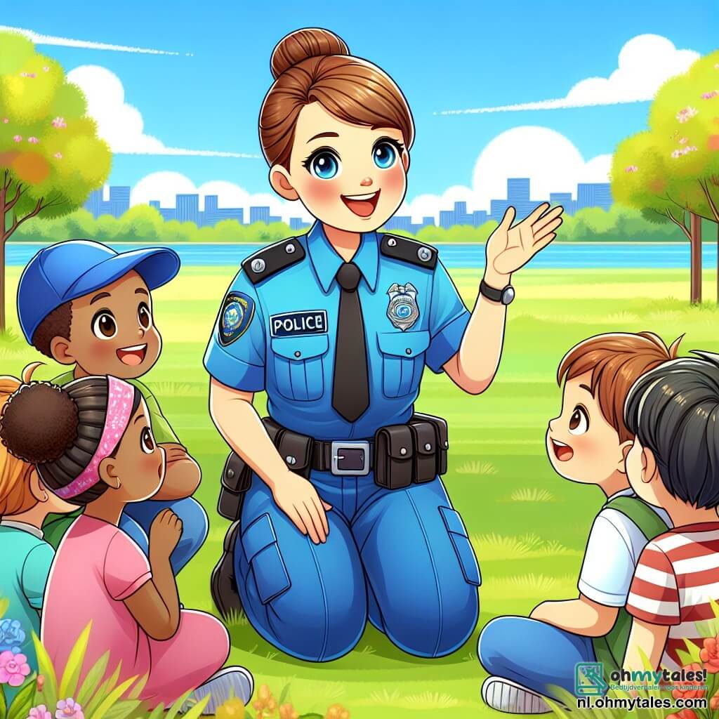 In het midden van de afbeelding zien we Lisa, een glimlachende politieagent van ongeveer 30 jaar, met bruin haar in een bun. Ze draagt een felblauw uniform met een riem vol veiligheidsaccessoires. Haar gezicht straalt vreugde en vriendelijkheid uit terwijl ze zich bukt om met een groep kinderen te praten. Tussen de kinderen is er een 8-jarig jongetje met een blauwe pet die zijn hand opsteekt om een vraag te stellen, en een 7-jarig meisje met een schattige roze haarband dat aandachtig luistert met verwonderde ogen. Ze staan rondom Lisa op een groot grasveld. De achtergrond toont een zonnig park met groene bomen en kleurrijke bloemen die leven aan de scène toevoegen. In de verte is een helderblauwe lucht met enkele donzige witte wolken te zien. De hoofdactie toont Lisa die de kinderen het belang van verkeersveiligheid uitlegt terwijl ze een spel spelen waarin ze veilig de straat moeten oversteken, met grappige gebaren en gelach.