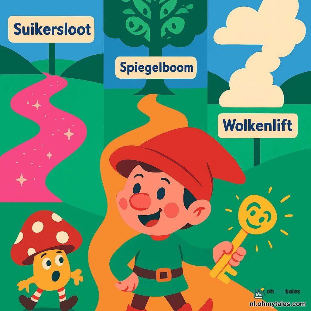 Lutje Ludo, een vrolijk en nieuwsgierig kabouterjongetje met een scheef grote rode muts, ronde neus, roze wangen en puntlaarzen, houdt een glimlachende, gouden Maanmolensleutel vast die boven zijn hand zweeft en lichttjes fonkelt; hij wijst naar drie paden: links de Suikersloot, een kleverige roze rivier; in het midden de weg naar de Spiegelboom, een groot boom met spiegelende bladeren; rechts de Wolkenlift, een helling van witte wolken als een vaporig liftje. Naast Ludo staat een klein sockenpaddenstoeltje met verbaasde ogen dat achteruitschrikt. Sfeervol, kleurrijk en speels, eenvoudige vormen en een lichte, avontuurlijke stemming, Ludo op de voorgrond.