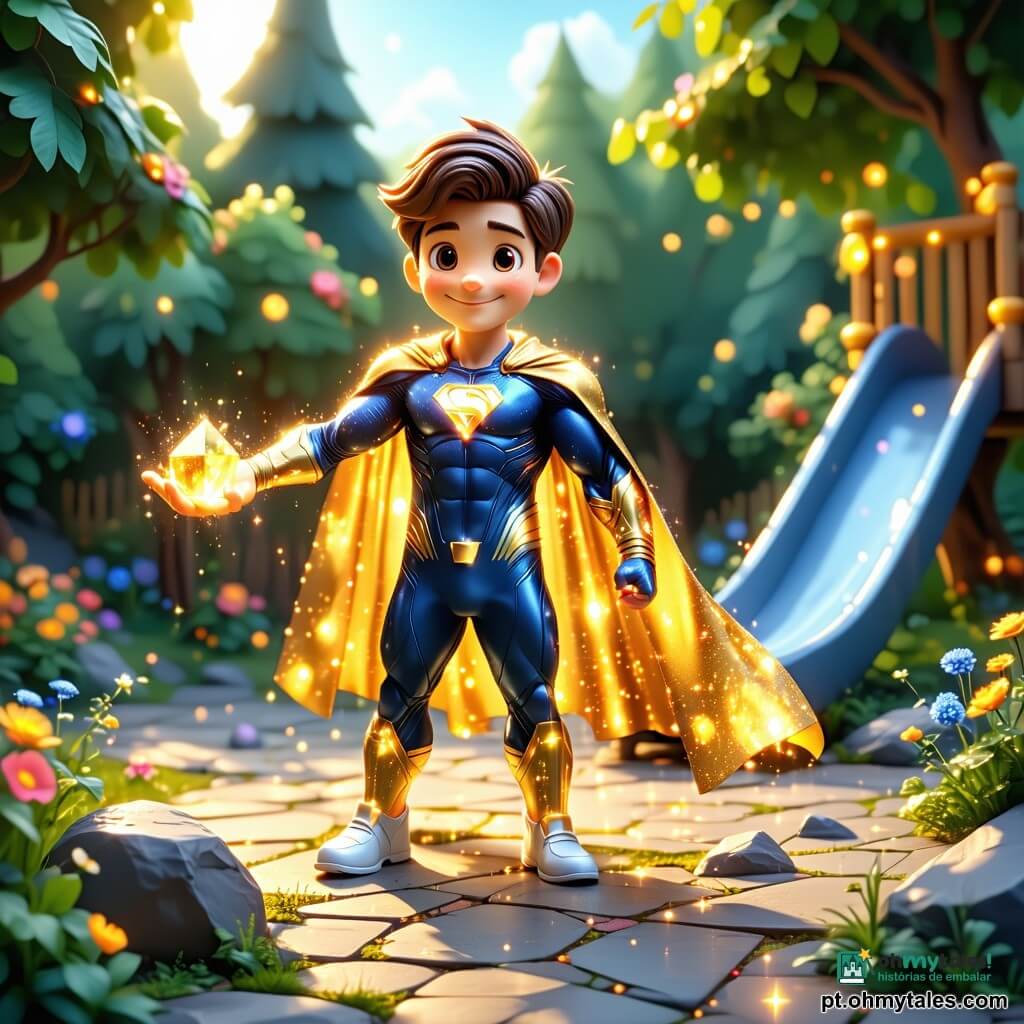 Um super-herói sorridente, rosto redondo e acolhedor, capa dourada brilhante como o sol e traje azul-claro, está no centro do pátio oferecendo uma pequena pedra luminosa; um menino de cerca de 8 anos, cabelos castanhos curtos, de expressão maravilhada, segura a pedra junto ao pé do escorregador metálico; uma menina de ~6 anos, de duas tranças, aplaude saltitando ao lado de um balanço; outro menino de ~7 anos, de óculos redondos, surpreso, está sentado num carrossel que gira lentamente atrás deles; o pátio escolar é colorido com piso de borracha vermelho e verde, paredes com pequenas flores, céu azul com algumas nuvens e um raio de luz dourada incidindo sobre a pedra — cena alegre, luminosa e segura, com cores vivas e contrastes suaves.