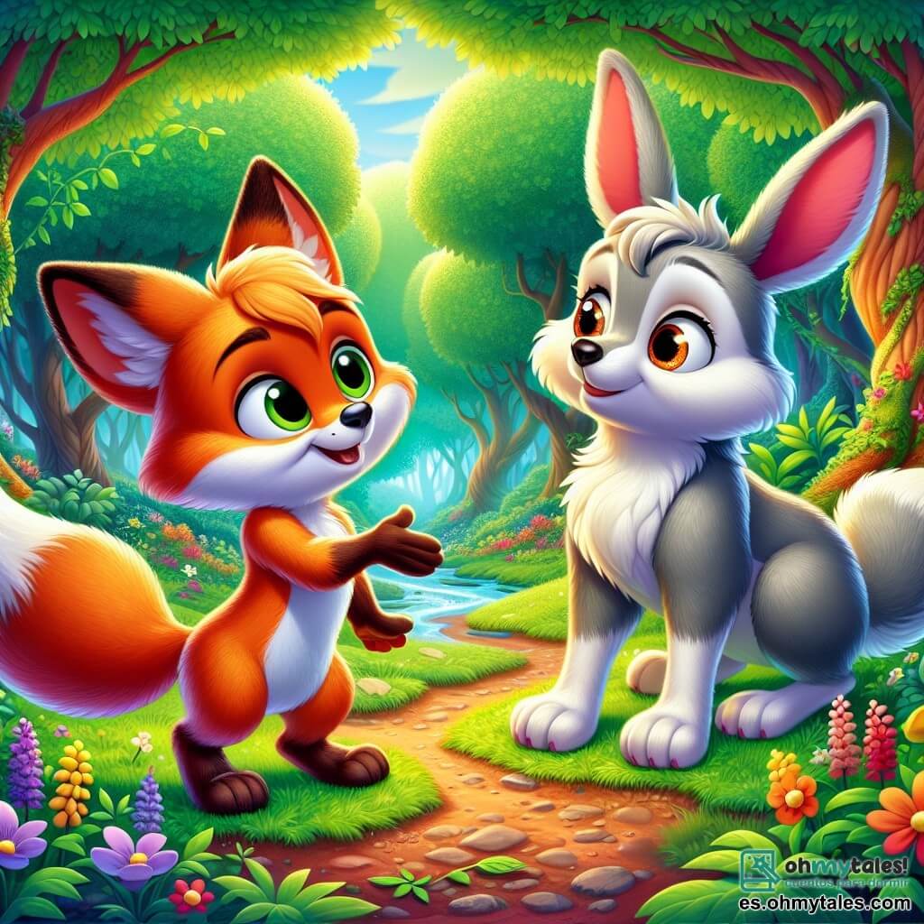 En el centro de la imagen, Rolo, un pequeño zorro de pelaje naranja brillante y cola esponjosa, se encuentra valientemente frente a Lupo, el gran lobo de pelaje gris y ojos brillantes, que expresa sorpresa y curiosidad. Rolo sonríe amigablemente, con las orejas erguidas, mientras extiende una pata hacia Lupo, invitándolo a unirse a él. Junto a Rolo, Rita, una pequeña coneja blanca con grandes orejas y ojos brillantes, mira a Lupo con una expresión alentadora, lista para apoyar a su amigo. El escenario es un claro verde en el bosque encantado, rodeado de majestuosos árboles de hojas verdes brillantes, con flores coloridas en el suelo y un arroyo que serpentea por la escena. La situación principal muestra a Rolo y sus amigos extendiendo la mano hacia Lupo, su nuevo amigo, para mostrarle que no necesita tener miedo, creando una atmósfera cálida y acogedora en este lugar mágico.