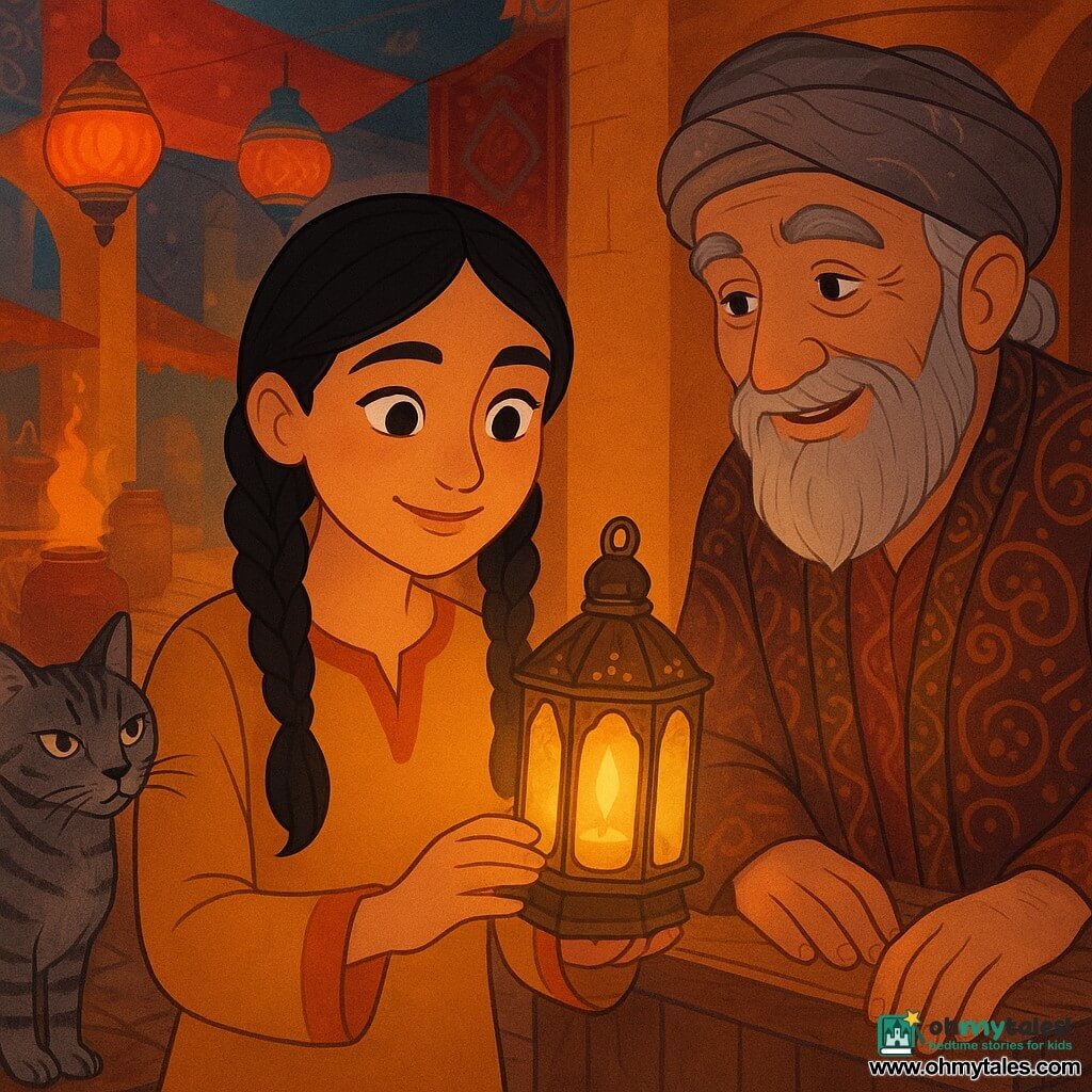 Young woman (20–25) with braided black hair, olive skin, hazel eyes and a shy smile holds a small polished brass lantern emitting a warm golden glow that lights her face, curious and awed; an elderly vendor (~60) with gray hair, long beard, rough skin and worn patterned clothes stands behind a wooden counter smiling with his right hand on the counter; a thin serious gray-and-black tabby cat sits on the counter to the woman's left staring at the lantern; setting: narrow night bazaar alley with ochre walls, hanging red and blue rugs, open spice jars releasing orange saffron and cinnamon clouds, colorful lanterns and shiny uneven cobbles; moment: silent magical exchange at dusk—she has just bought the lantern and its golden light illuminates faces and stalls; atmosphere mysterious yet warm, saturated warm colors (gold, saffron, red) and deep shadows; style: clean vector illustration with crisp outlines, detailed fabric and metal textures, composition centered on the lantern, medium close framing.