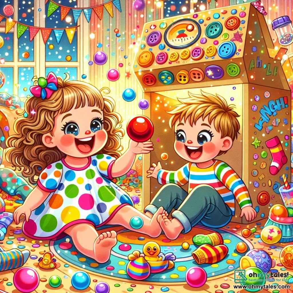A 4-year-old girl named Lulu, with sparkling big eyes and curly hair, is sitting in a colorful living room surrounded by floating bubbles. She wears a multicolored polka dot dress and joyfully smiles while holding a large red button. Next to her is her friend Benny, a 5-year-old boy with messy blonde hair and a striped t-shirt, laughing as he tries to catch a flying rubber duck. The living room is filled with colorful confetti, dancing socks, and sparkling bubbles, creating a festive and magical atmosphere. In the background, a large cardboard cutout shaped like a laughing machine is decorated with fun drawings and buttons of all colors. In this joyful scene, Lulu and Benny are having fun playing with the flying rubber ducks around them, bursting into laughter in their confetti fort.