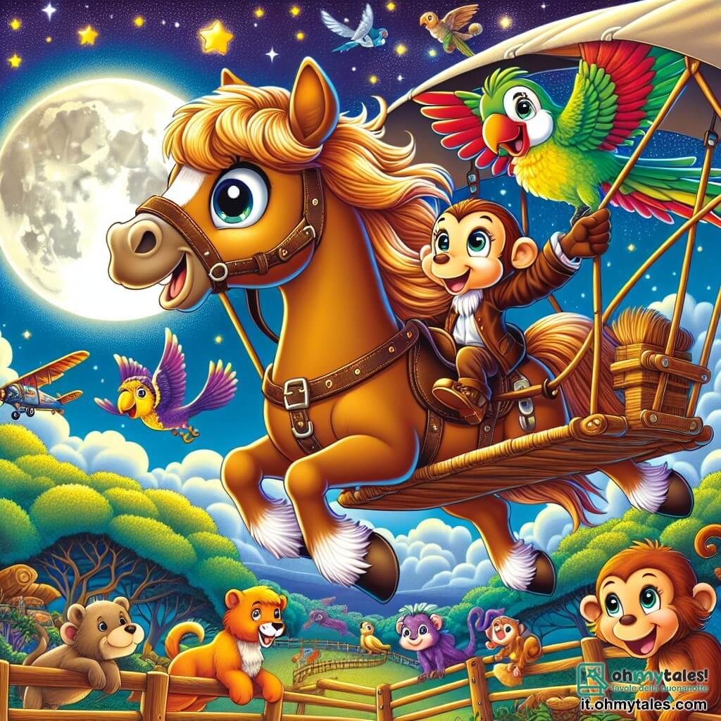 Un magnifico cavallo di nome Cip, con un pelo marrone dorato e una criniera ondulata, si trova al centro dell'immagine, con gli occhi brillanti di eccitazione e un grande sorriso, pronto a volare nei cieli. Accanto a lui, Gigi il pappagallo, un uccello colorato con piume brillanti di verde e rosso, è appollaiato sul bordo della macchina volante, gesticolando con entusiasmo, mentre Lulù la scimmia, con il suo pelo marrone e i grandi occhi maliziosi, tiene il timone, ridendo e agitando le braccia. Sullo sfondo, si vede uno zoo animato, con recinti per animali, alberi verdi e una grande luna brillante che illumina la scena notturna. La situazione principale mostra Cip e i suoi amici animali che decollano nella loro macchina volante di tela e legno, sollevandosi gioiosamente nell'aria, circondati da stelle scintillanti e nuvole soffici, pronti per un'avventura magica.