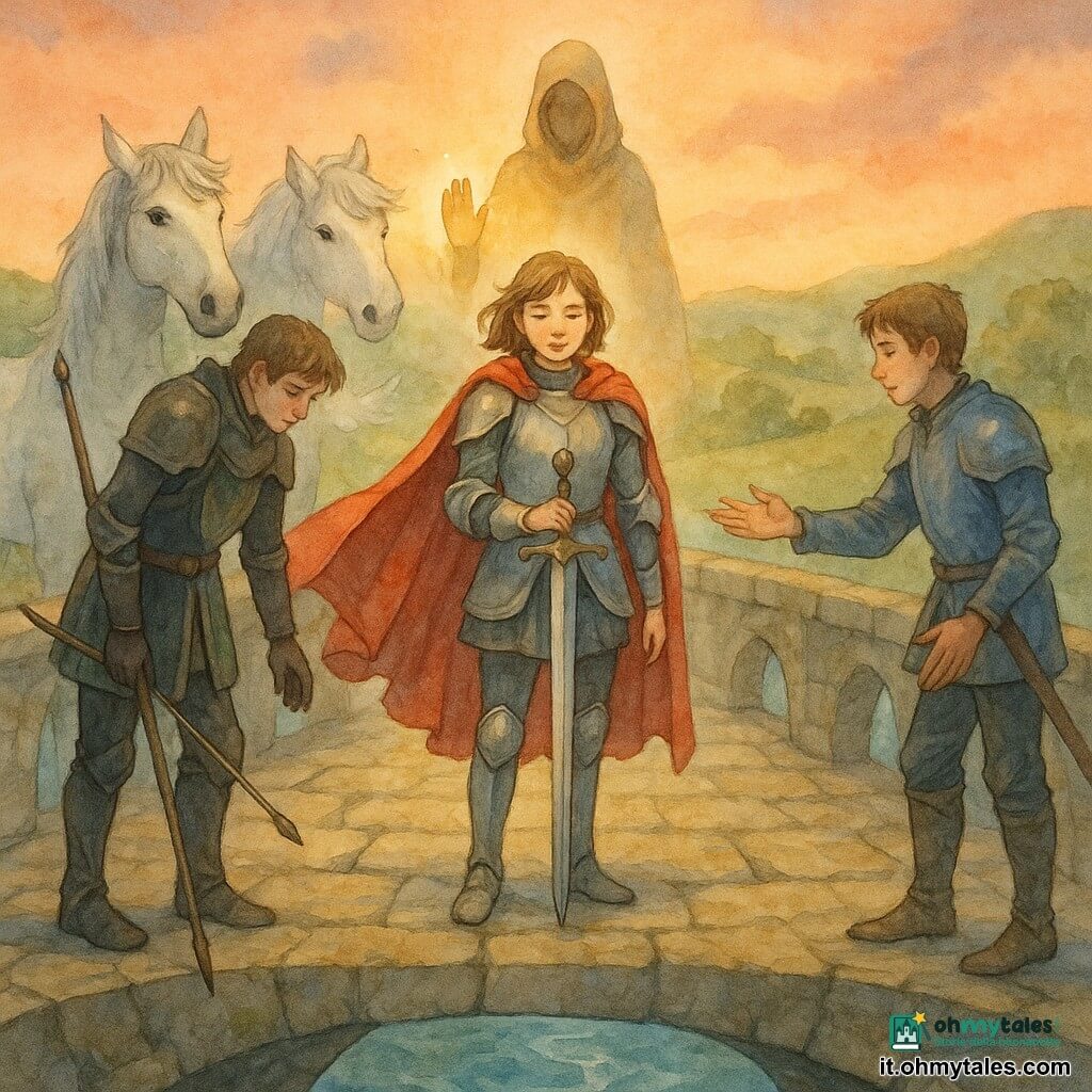 Principessa-cavaliere: donna ~25 anni, volto dolce e deciso, armatura leggera argentata con riflessi bluastri, mantello rosso sferzato dal vento, posa la lunga spada punta a terra al centro del ponte in segno di pace; Argentia: grande cavallo bianco con crini argentati subito dietro, alito visibile; giovane cavaliere di Velenor: uomo ~20 anni, armatura scura con scudo verde, tiene la lancia ma abbassa la testa a sinistra; giovane cavaliere di Miragis: uomo ~22 anni, armatura blu consumata, mano tesa a destra in gesto conciliatorio; Spirito del Ponte: figura incappucciata con volto nascosto, mano levata che emette una tenue luce dorata sospesa al centro del ponte; luogo e atmosfera: vecchio ponte di pietra ampio con lastre consumate e archi scolpiti sopra un fiume turchese, colline verdi e tramonto arancione-rosato, momento di riconciliazione colla luce dorata che suggella la pace, composizione centrata sulla cavaliere, atmosfera tranquilla e piena di speranza.