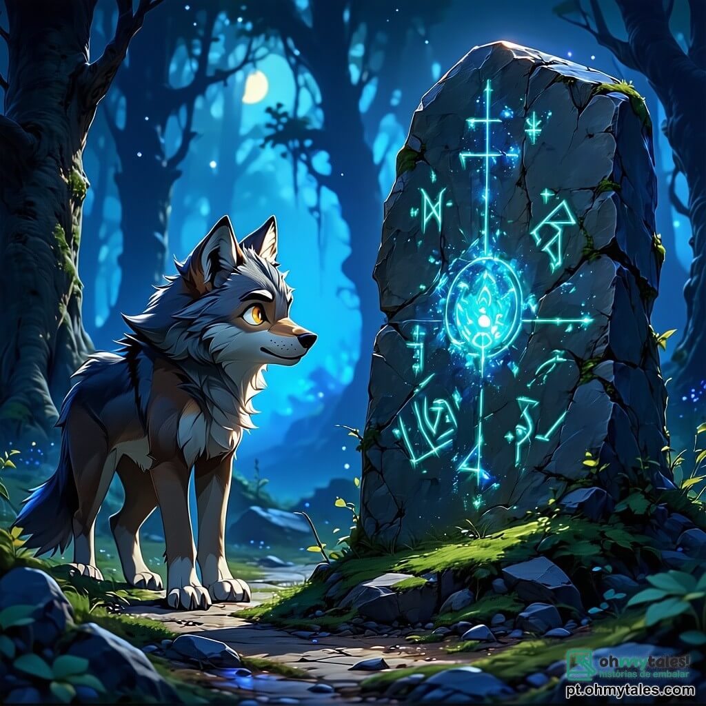 Léo, um jovem lobo de olhos brilhantes e pelagem cinza prateada, está no centro de uma clareira misteriosa, com uma expressão que mistura determinação e curiosidade. Ele observa uma grande pedra antiga adornada com runas luminosas, suas patas dianteiras levemente levantadas, como se estivesse prestes a tocar a superfície mágica. Ao seu lado, a Sombra, uma silhueta sombria e etérea na forma de um lobo, flutua ligeiramente acima do chão, seus olhos brilhando com uma luz dourada, exibindo uma expressão de sabedoria e mistério. Ela observa Léo com uma intensidade que inspira tanto medo quanto confiança. A clareira está envolta em uma leve névoa, com árvores de troncos retorcidos e folhas prateadas que brilham sob a luz da lua. Sombras dançam ao redor deles, criando uma atmosfera mágica e inquietante, enquanto uma brisa suave faz as ramas tremularem. Léo está diante da pedra, pronto para descobrir os segredos da cidade antiga, enquanto a Sombra o encoraja a enfrentar seus medos e abraçar seu destino.