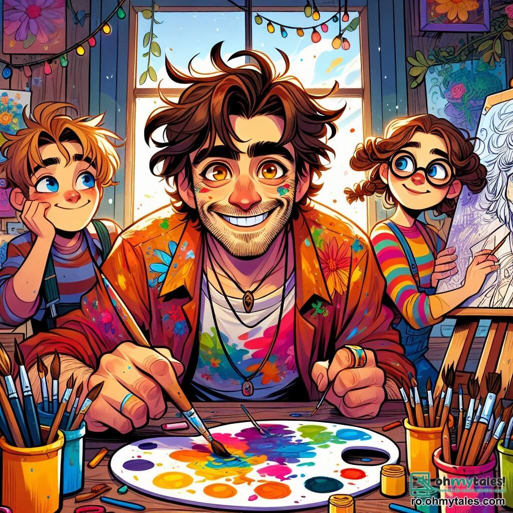 Un bărbat, Alex, se află în centrul imaginii, cu un zâmbet cald și ochi strălucitori de creativitate. Are părul brun dezordonat și poartă o cămașă colorată acoperită de pete de vopsea. Se apleacă peste o pânză, ținând o pensulă într-o mână și o paletă de culori vii în cealaltă, înconjurat de borcane cu vopsea strălucitoare. Lângă el, Andrei, un băiat de 10 ani, cu părul blond și ochelari rotunzi, observă atent, cu brațele încrucișate și o expresie curioasă. Mara, o fetiță de 9 ani cu părul creț și brun, ține un carnet de schițe și un creion, pregătită să deseneze peisajul. Ilinca, o altă fetiță de 8 ani cu împletituri și un zâmbet strălucitor, se distrează amestecând culorile pe o paletă. Atelierul lui Alex este un loc magic, plin de lumină naturală care pătrunde prin feronerie mari. Pereții sunt acoperiți cu tablouri colorate și schițe, iar pensulele și tuburile de vopsea sunt împrăștiate pe o masă mare din lemn. Borcanele cu flori colorate adaugă o notă de viață spațiului. Situația principală arată cum Alex și copiii sunt în plină sesiune de creație, discutând entuziast despre idei pentru un nou tablou, copiii fiind captivați de procesul artistic, în timp ce Alex îi încurajează să-și exprime imaginația prin artă.