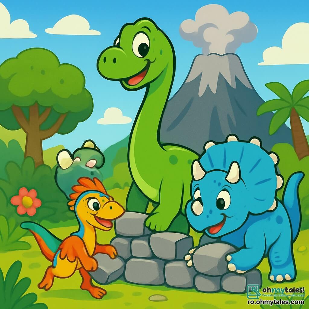 Un diplodocus numit Doru, cu o piele verde strălucitoare și un gât lung și grațios, stă în centrul scenei, având o expresie de curiozitate veselă, cu ochii mari strălucind de excitație. Lângă el, Trici, un triceratops cu coarne majestuoase și pielea de culoare albastru cer, privește cu entuziasm, în timp ce Rina, un velociraptor agil cu pene colorate și ochi jucăuși, sare vesel în jurul lor. Se află la poalele unui vulcan impunător, cu vârful acoperit de nori gri, înconjurați de copaci luxurianți și flori colorate, creând un contrast vibrant cu peisajul. Principala situație arată cum Doru și prietenii săi lucrează împreună pentru a construi un zid de pietre, hotărâți și plini de energie, pregătiți să-și protejeze valea de pericolele vulcanului.