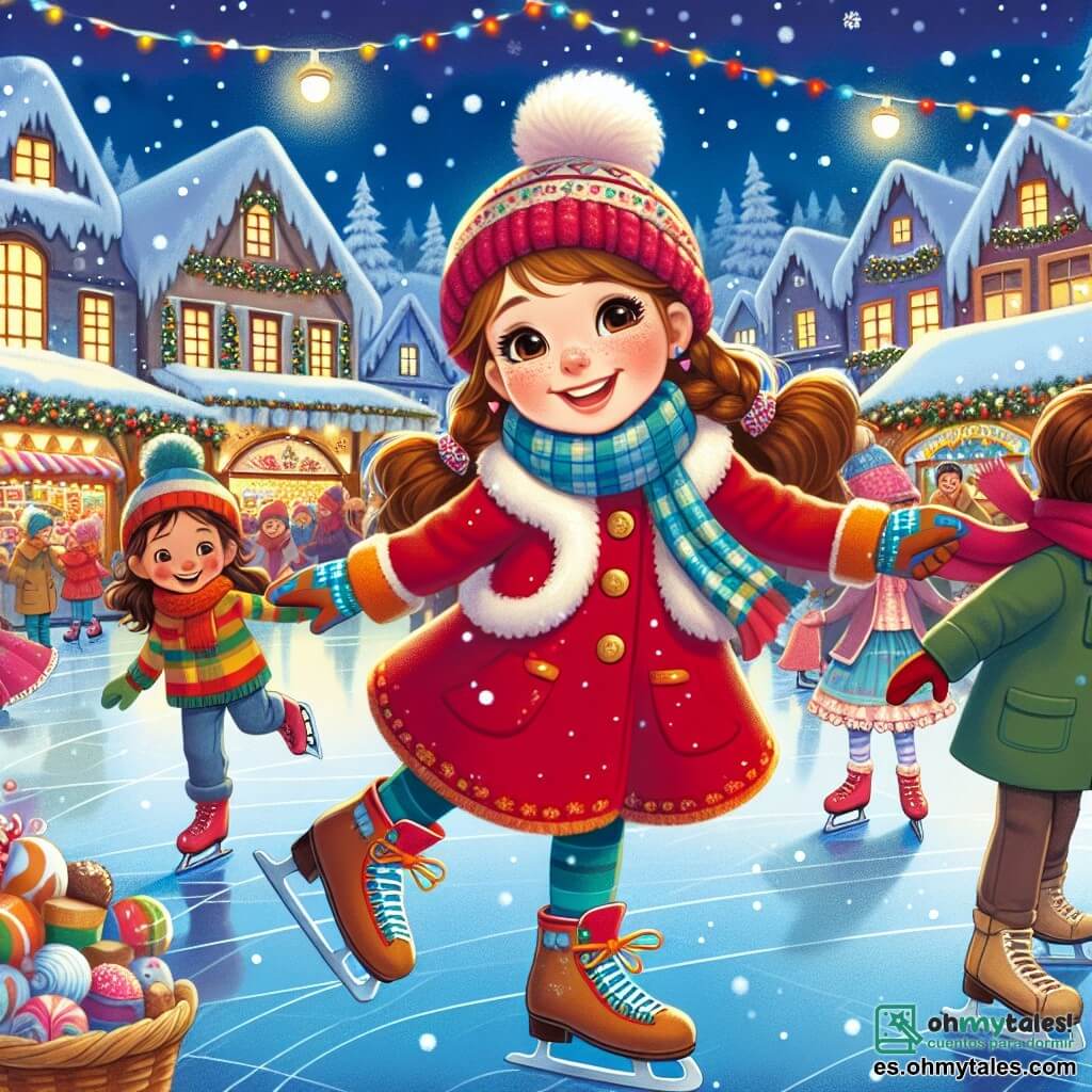 Una niña de 7 años, Clara, con largos cabellos castaños y mejillas rosadas, patina alegremente en una pista de hielo. Lleva un abrigo rojo brillante, un gorro de lana y guantes coloridos, y su rostro irradia felicidad y emoción. A su lado, su amigo Miguel, un niño de 8 años con cabello castaño y ojos brillantes, la anima sonriendo, vestido con una bufanda azul y un abrigo verde. Más lejos, Ana, otra amiga de 7 años con trenzas y una sonrisa radiante, hace piruetas en el hielo, rodeada de copos de nieve que caen suavemente. La escena se desarrolla en un encantador pueblo nevado, con casas cubiertas de nieve, luces brillantes decorando los árboles y un animado mercado navideño al fondo, donde se pueden ver coloridos puestos llenos de dulces y juguetes. Clara, llena de alegría, intenta patinar sin caerse, riendo con sus amigos, mientras el cielo se ilumina con fuegos artificiales sobre ellos, creando una atmósfera mágica y festiva.