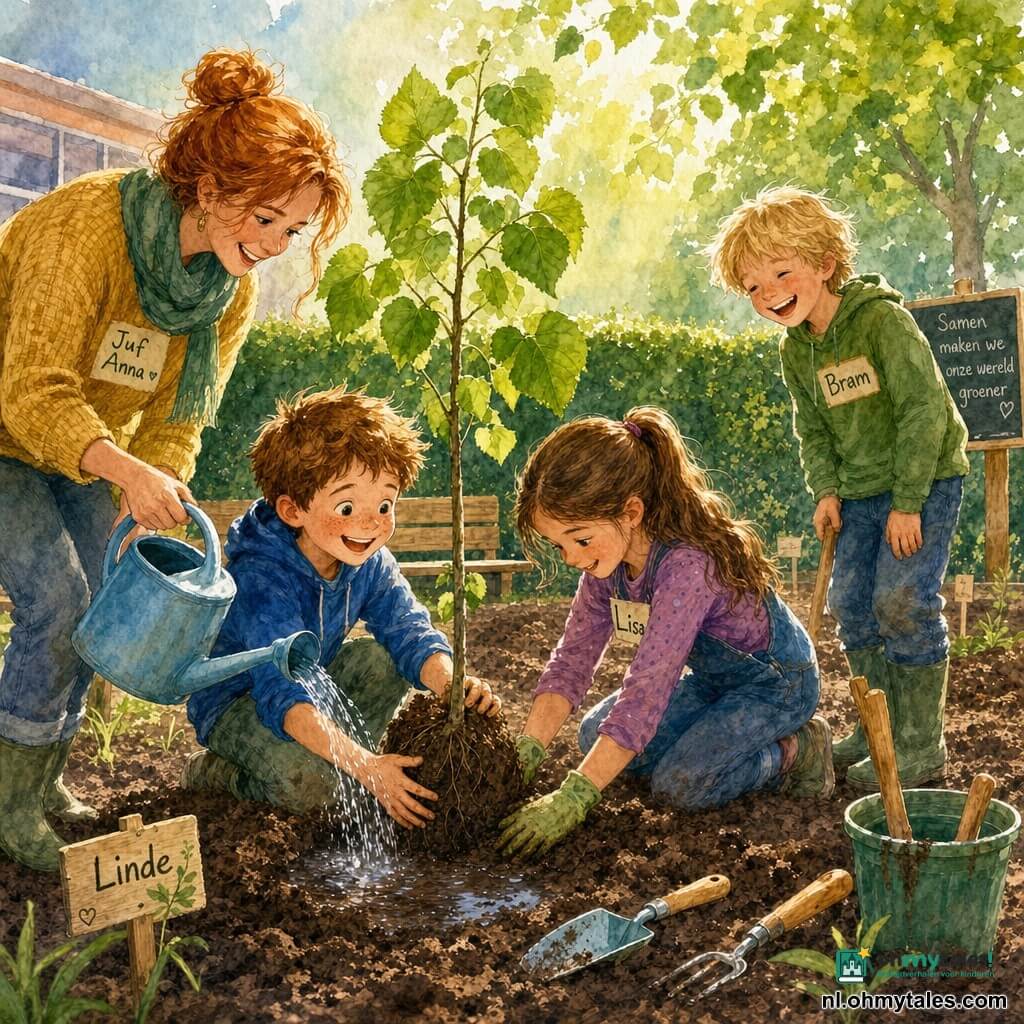 Een 8‑jarige jongen met rond gezicht en sproeten, verwonderde glimlach en korte kastanjebruine haren houdt voorzichtig een jonge lindeboom in een gegraven gat; een meisje van ~8 (Lisa) met lange bruine paardenstaart drukt geconcentreerd aarde rond de kluit; een jongen van ~8 (Bram) met warrig blond haar lacht en zet een klein houten schepje naast het gat; de juf (Anna, 30–40) met rood opgestoken haar en zachte glimlach geeft water met een lichtblauwe gieter; schooltuin met rijke bruine aarde, groen gras, houten labels, kinderspeelgoed en bankje, zonnestralen door bladeren; gezamenlijke aanplant van jonge linde, aandachtige bewegingen, modderspetters en glanzende waterplas bij de stam, rustige vrolijke sfeer in zachte, lichtgevende aquarelkleuren.