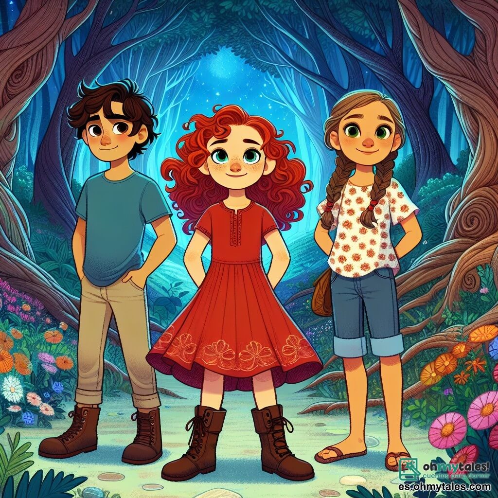 Tres personajes principales se encuentran en el centro de la escena: 1. **Carmen**, una niña de 10 años con cabello rizado y pelirrojo, vestida con un vestido rojo brillante y botas de cuero, se muestra decidida con las manos en las caderas. 2. **Luis**, un niño de 11 años con cabello castaño y gafas, lleva una camiseta azul y pantalones beige, sosteniendo un bastón tallado con curiosidad y sabiduría. 3. **Clara**, una niña de 9 años con trenzas rubias, lleva una blusa de flores y un short de mezclilla, sonriente y lista para animar a sus amigos. La escena tiene lugar en el **Bosque Encantado**, un lugar mágico con grandes árboles retorcidos, hojas brillantes y flores coloridas. Los tres amigos se enfrentan al **Gran Lobo Malvado**, que emerge de las sombras, con un pelaje negro y ojos brillantes, mientras ellos se mantienen valientemente frente a él, listos para descubrir la verdad detrás de su leyenda.