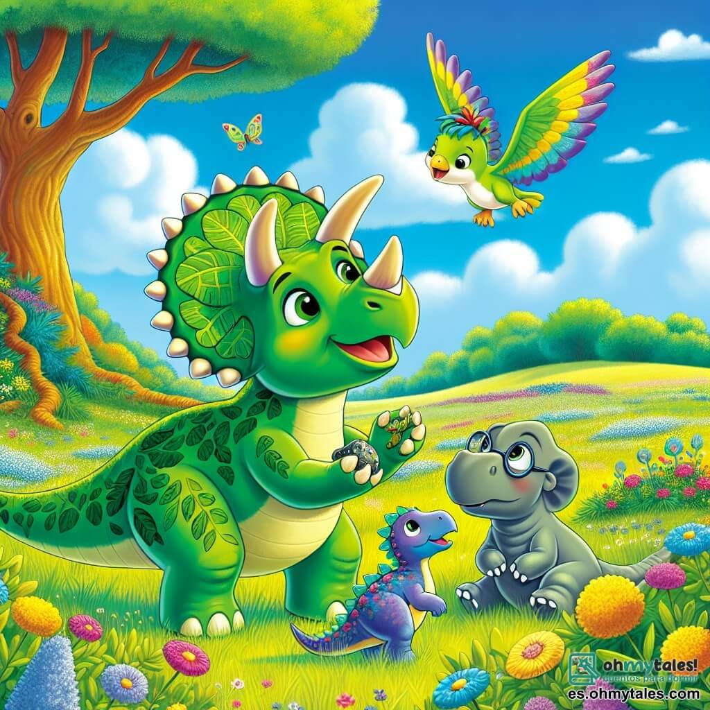 Un triceratops llamado Tito, con piel verde y patrones de hojas, muestra una gran sonrisa y ojos chispeantes de curiosidad. Se encuentra en el centro de la pradera, tocando un objeto brillante con una de sus tres cuernos. A su lado, Lila, una pequeña dinosaurio alado con plumas coloridas, vuela alegremente, con las alas desplegadas, y mira al triceratops con asombro. Un poco más lejos, Dino, un gran dinosaurio sabio con piel gris y gafas redondas, observa la escena con una expresión pensativa, sentado bajo un majestuoso árbol. La pradera es vasta, salpicada de flores coloridas y hierbas altas, bajo un cielo azul brillante con algunas nubes blancas. La situación principal muestra a Tito descubriendo un artefacto antiguo y mágico, mientras Lila y Dino lo animan, creando una atmósfera de aventura y amistad.