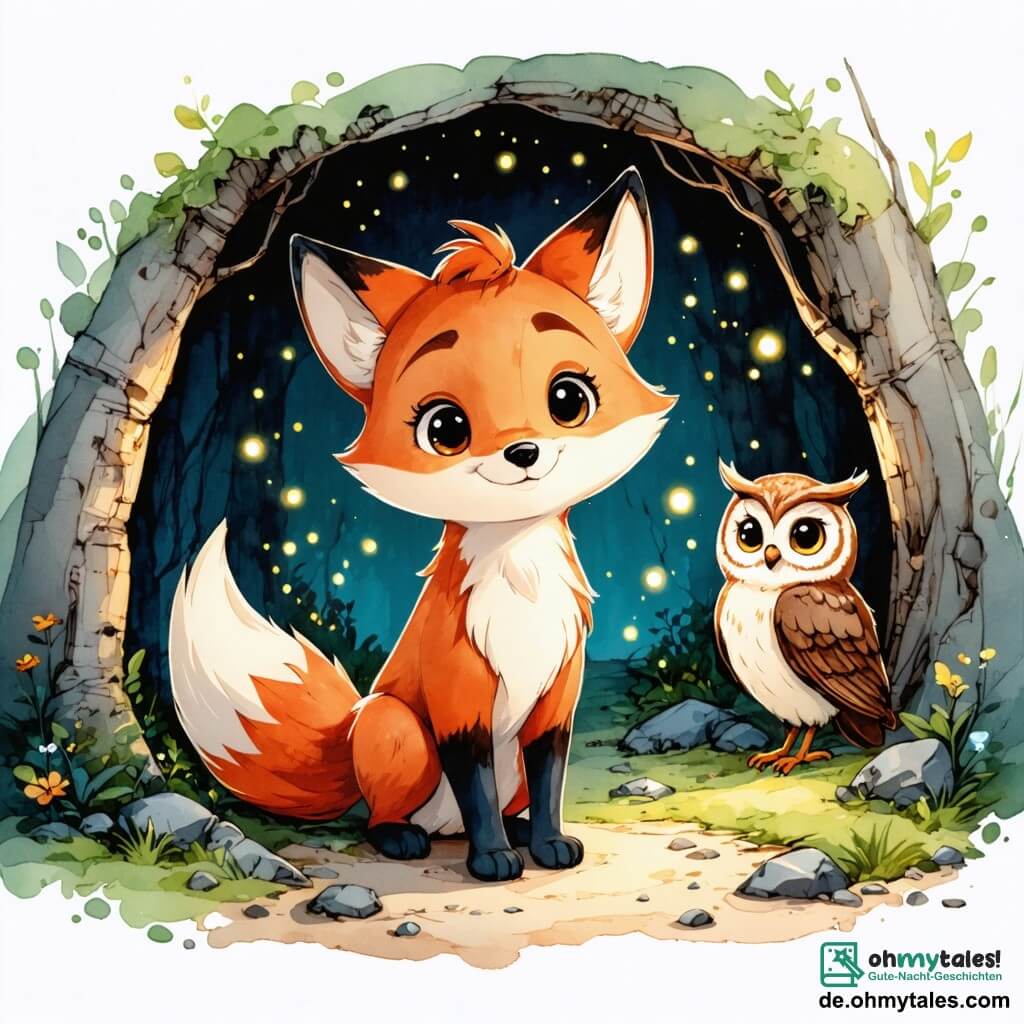 Ein junger Fuchs mit leuchtend rotem Fell, neugierig und mit einem leichten Lächeln, steht im Zentrum seines kleinen Baues, umgeben von sanften Lichtblitzen, die von Glühwürmchen ausgehen. Er wirkt sowohl fasziniert als auch beruhigt, während er die kleinen Lichter beobachtet, die um ihn tanzen. In der Nähe sitzt ein weiser Eule mit braun-weißen Federn, großen runden Augen und einem wohlwollenden Ausdruck auf einem Ast, und schaut den Fuchs mit einem ermutigenden Lächeln an. Der Ort ist ein gemütlicher Bau, mit Wänden, die mit grünem Moos bedeckt sind, und kleinen bunten Blumen, die am Eingang wachsen. Das sanfte Licht der Glühwürmchen erhellt das Innere und schafft eine warme, magische Atmosphäre, die im Kontrast zur Dunkelheit der Nacht draußen steht. Die Hauptsituation zeigt den jungen Fuchs, der die Schönheit der Nacht durch die Glühwürmchen entdeckt und lernt, seine Angst vor der Dunkelheit zu überwinden, während die Eule auf ihn aufpasst, bereit, ihm Weisheit und Trost zu bieten.