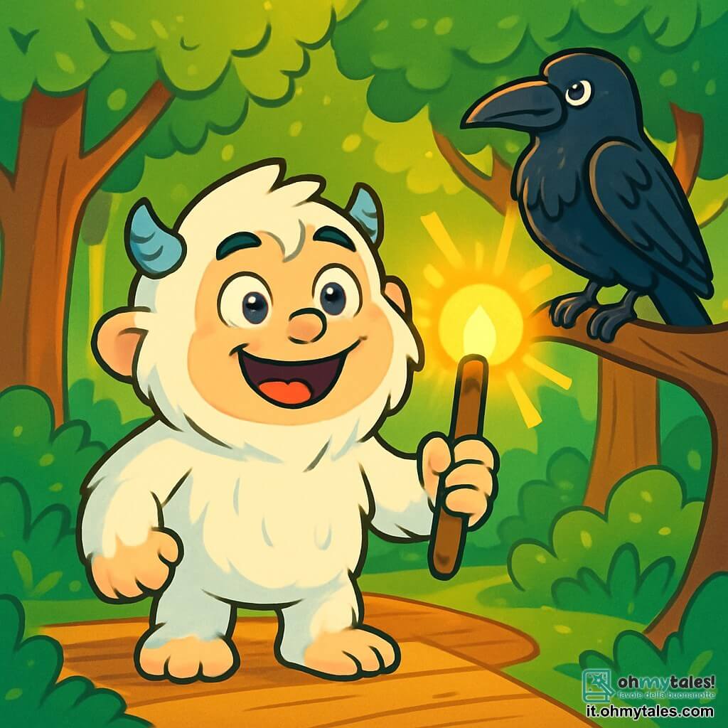 Un giovane yeti di nome Timo, con un pelo bianco e soffice, si trova al centro della scena, con un grande sorriso caloroso sul volto espressivo. I suoi occhi brillano di eccitazione e determinazione mentre brandisce un bastone luminoso, simbolo della sua ricerca. Accanto a lui, un vecchio corvo, il Maestro degli Enigmi, con piume nere e lucenti, osserva con uno sguardo saggio e penetrante, posato su un ramo. Sullo sfondo, si estende una foresta incantata, piena di alberi maestosi con tronchi spessi e foglie scintillanti, immerse in una dolce luce dorata. La scena emana un'atmosfera magica e accogliente, dove la natura sembra vibrare di vita. Timo, pronto ad affrontare l'avventura, si trova fermo su un sentiero di legno, determinato a salvare il suo villaggio.