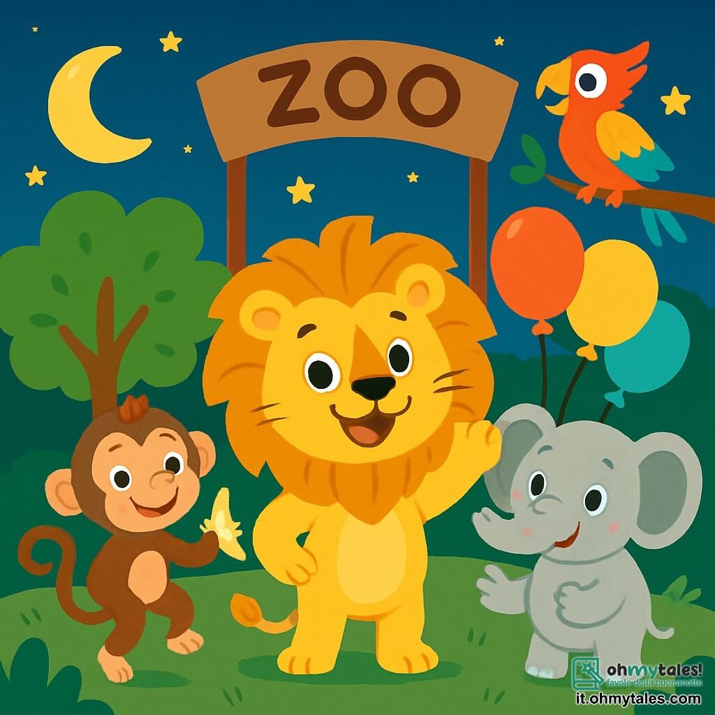 Un leone maestoso, con una criniera dorata e occhi scintillanti di gioia, si trova al centro della scena, sorridendo ampiamente e alzando una zampa come se invitasse i suoi amici a unirsi a lui. Alla sua destra, un'elefante grigia dalle grandi orecchie, con occhi dolci e un'aria entusiasta, gonfia palloncini colorati, mentre alla sua sinistra, una piccola scimmia birichina, dal pelo marrone, fa acrobazie tenendo una banana in mano. Sullo sfondo, un pappagallo dalle piume brillanti canta gioiosamente su un ramo, aggiungendo colore alla scena. Il contesto è uno zoo notturno, illuminato dalla luna, con alberi frondosi e stelle scintillanti nel cielo. La scena principale mostra il leone e i suoi amici mentre si preparano per una festa, circondati da risate e buon umore, pronti a festeggiare insieme sotto le stelle.