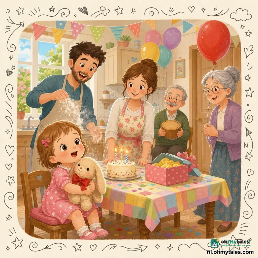 Lina, een glimlachend en verwonderd 2-jarig meisje met kort lichtbruin haar en roze wangen, zit op een lage stoel met een beige knuffelkonijn met een grote rode strik; haar moeder (~32) met bruin haar in een knot en een bloemen-schort staat achter de tafel en kijkt liefdevol, vader (~34) met lichte baard strooit bloem en lacht links, oma (~60) met grijs haar in een knot houdt een drijvende rode ballon rechts bij de deur, opa (~65) met grijze snor zit op de achtergrond met een klein houten trommeltje; de warme, lichte keuken heeft een lichte houten tafel met kleurrijk kleed, papieren slingers, raam naar een groene tuin en een open cadeaudoos: het is Lina’s verjaardagsmoment waarin ze de uit de doos gehaalde knuffel ontdekt, met een klein cakeje met kaarsjes, confetti en zwevende ballonnen, in een kinderlijke, zachte pastelstijl met eenvoudige lijnen en kleine doodles.