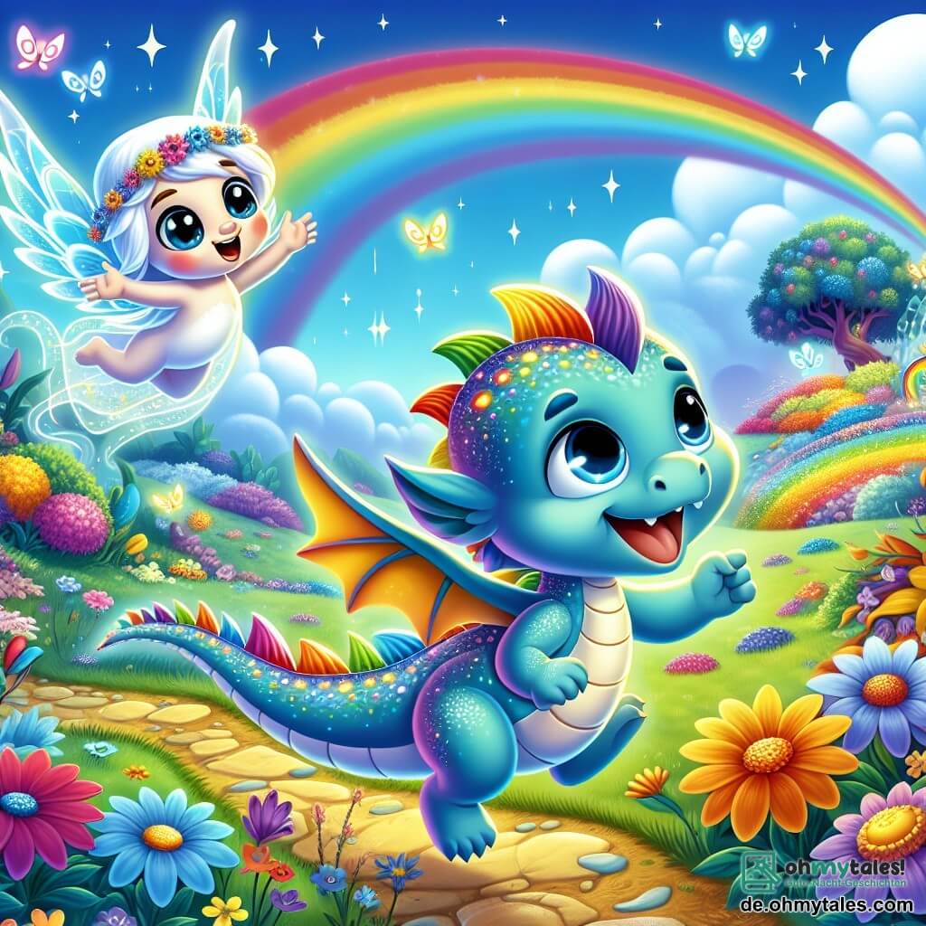 Ein kleiner Drache mit bunten Schuppen, der wie ein Regenbogen funkelt, fliegt fröhlich über einen wunderschönen Garten, seine Augen leuchten vor Aufregung und Neugier. Er lächelt breit, seine durchsichtigen Flügel schlagen eifrig, während er diesen zauberhaften Ort erkundet. Neben ihm schwebt ein kleiner Lichtgeist mit einer ätherischen Silhouette und zarten Flügeln in der Luft. Sein Gesicht strahlt vor Glück und Dankbarkeit, während er auf einen Weg zeigt, der von leuchtenden Blumen erhellt wird. Der Garten ist ein wahres Gemälde lebendiger Farben, gefüllt mit strahlenden Blumen, tanzenden Schmetterlingen und einem süßen Hauch von Magie. In der Ferne spannt sich ein majestätischer Regenbogen über den blauen Himmel und verleiht dieser zauberhaften Landschaft einen Hauch von Märchen. Die Hauptsituation zeigt den Drachen und den Lichtgeist, die gemeinsam singen, ihre Stimmen erheben sich in die Luft und erfüllen den Garten mit Freude und Harmonie, während sie ihre Freundschaft und das Abenteuer, das sie teilen, feiern.