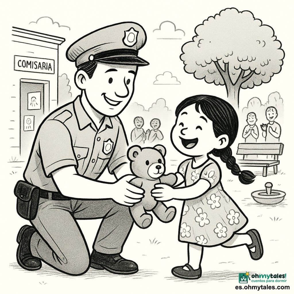 Un policía sonriente de unos treinta años, cabello corto castaño, uniforme claro y gorra redonda, arrodillado entregando un pequeño oso de peluche a una niña de unos 5 años con trenzas negras y vestido de flores, ella aliviada y alegre abrazando el oso; en segundo plano una plaza soleada con banco, árbol de grandes hojas y fuente baja, a la izquierda la fachada de una pequeña comisaría con puerta abierta y dibujos infantiles en la pared; transeúntes estilizados y sonrientes a distancia aplaudiendo; ambiente suave y reconfortante, líneas claras, contornos nítidos, sombreados ligeros en tinta, composición centrada en el intercambio, expresiones exageradas legibles para niños, paleta en blanco y negro con texturas de tramado fino.