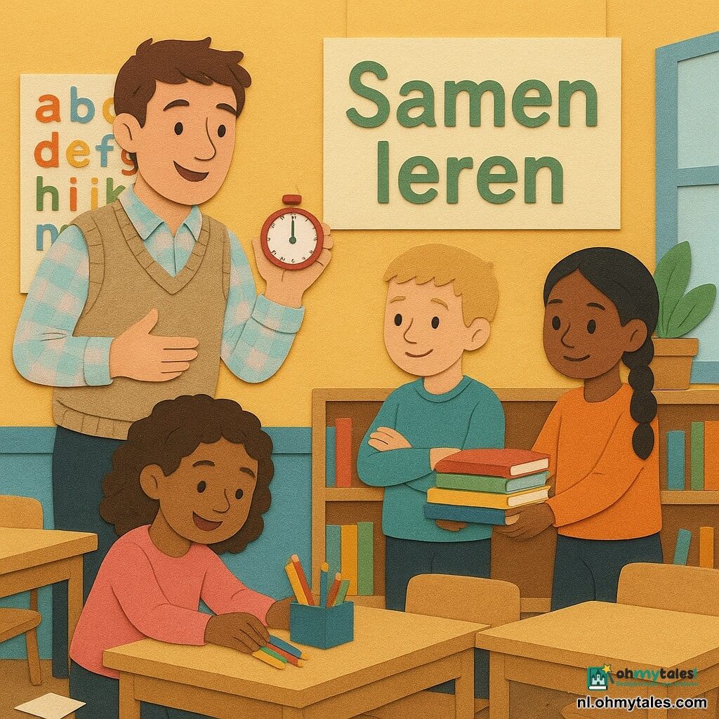 Een vriendelijke mannelijke leerkracht met warrig bruin haar en een zachte glimlach houdt een rood keukentimer in zijn rechterhand en gebaart bemoedigend; Mila (9) met kastanjebruine krullen verzamelt potloden en stopt ze in een doos links van het bureau, Bram (10) met kort blond haar legt een stapel schriften terug op een plank achter de centrale tafel en Yara (8) met zwarte vlecht houdt de stapel stabiel; de lichte klas heeft kleurrijke muren, alfabetposters en een grote poster "Samen leren", lichte houten tafels in eilandopstelling, een plant op de vensterbank en verspreid papier op de vloer — een warme, samenwerkende opruimscène met levendige kleuren en zachte schaduwen.