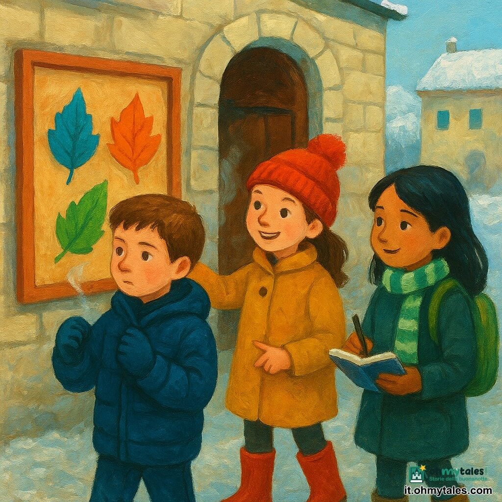 Ci sono tre bambini: Leo (9 anni), capelli corti castani, guance rosate, giubbotto blu scuro e guanti, a sinistra; Mia (8 anni), capelli castani in codini con berretto rosso a pompon, cappotto senape e stivali rossi, al centro che indica una foglia arancione; Samira (9 anni), capelli neri sciolti, sciarpa verde e bianca, zainetto verde, a destra con un taccuino e una matita. Davanti alla biblioteca comunale in pietra chiara con porta di legno socchiusa da cui esce vapore di cioccolata, c'è una bacheca con tre grandi foglie colorate (blu, arancione, verde); sul terreno brina sottile e tetti imbiancati sotto un cielo invernale chiaro. I tre osservano il pannello e scelgono una missione invernale, soffio bianco visibile dalle loro bocche, atmosfera calma e curiosa.