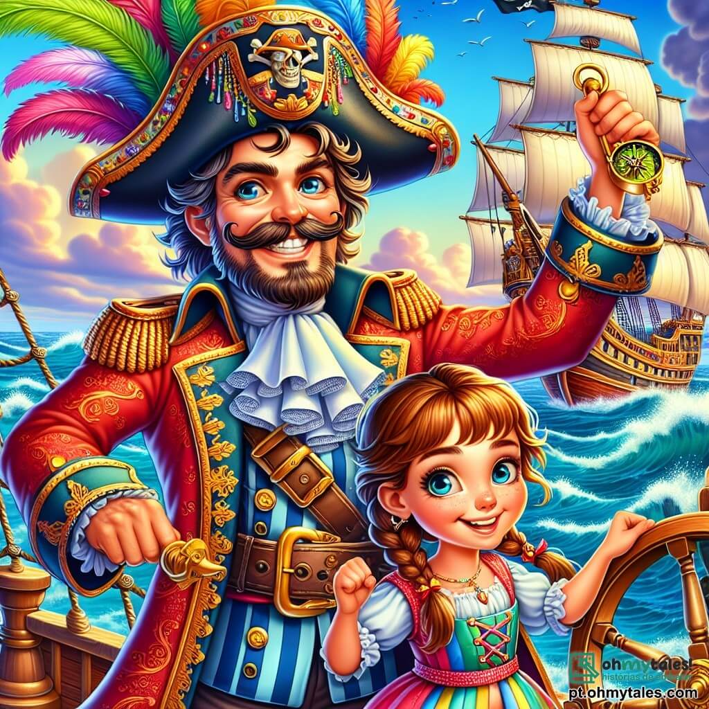 O capitão Bartolomeu Bigodes, um homem de grande sorriso malicioso e bigode flamboyant, se mantém orgulhosamente no convés de seu navio, o Ventania. Ele usa um chapéu de pirata adornado com penas coloridas e uma jaqueta vermelha com dourados brilhantes, seus olhos brilham de excitação e determinação. Ao seu lado, Lili, uma menina de 10 anos com cabelos castanhos trançados, observa o horizonte com sua bússola dourada, um ar de entusiasmo em seu rosto. Guto, um garoto de 9 anos com cabelos bagunçados e um sorriso travesso, está um pouco atrás, tropeçando em um balde, mas rindo de coração, acrescentando um toque de humor à cena. O cenário é um vasto oceano de águas azuis sob um céu ensolarado com nuvens brancas. O Ventania, um navio pirata com velas brancas e madeira brilhante, corta as ondas graciosamente, cercado por luzes douradas de uma nebulosa misteriosa que dança na superfície da água. A situação principal mostra Bartolomeu e sua tripulação prontos para explorar a nebulosa mágica, cheios de entusiasmo e curiosidade, enquanto se preparam para descobrir os segredos ocultos do Mar Dourado.
