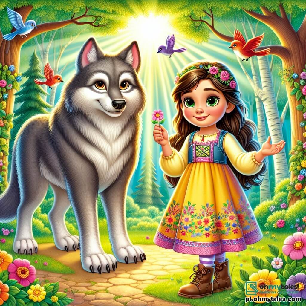 Uma menina de 10 anos, Lúcia, com longos cabelos castanhos e olhos brilhantes de curiosidade, está no centro da cena, com um sorriso corajoso no rosto. Ela usa um vestido colorido decorado com flores e segura uma pequena varinha mágica cintilante na mão. Ao seu lado, o Grande Lobo Mau, um grande lobo de olhos suaves e pelagem cinza, está ligeiramente curvado, mostrando uma expressão amigável e triste, como se estivesse buscando amizade. A cena acontece em uma clareira ensolarada, cercada por majestosas árvores de folhas verdes vibrantes, com flores multicoloridas espalhadas pelo chão. Raios de sol penetram através dos galhos, criando uma atmosfera mágica e acolhedora. Lúcia e o Lobo se olham com esperança, prontos para selar sua nova amizade, enquanto pássaros coloridos voam ao redor deles, cantando melodias alegres.