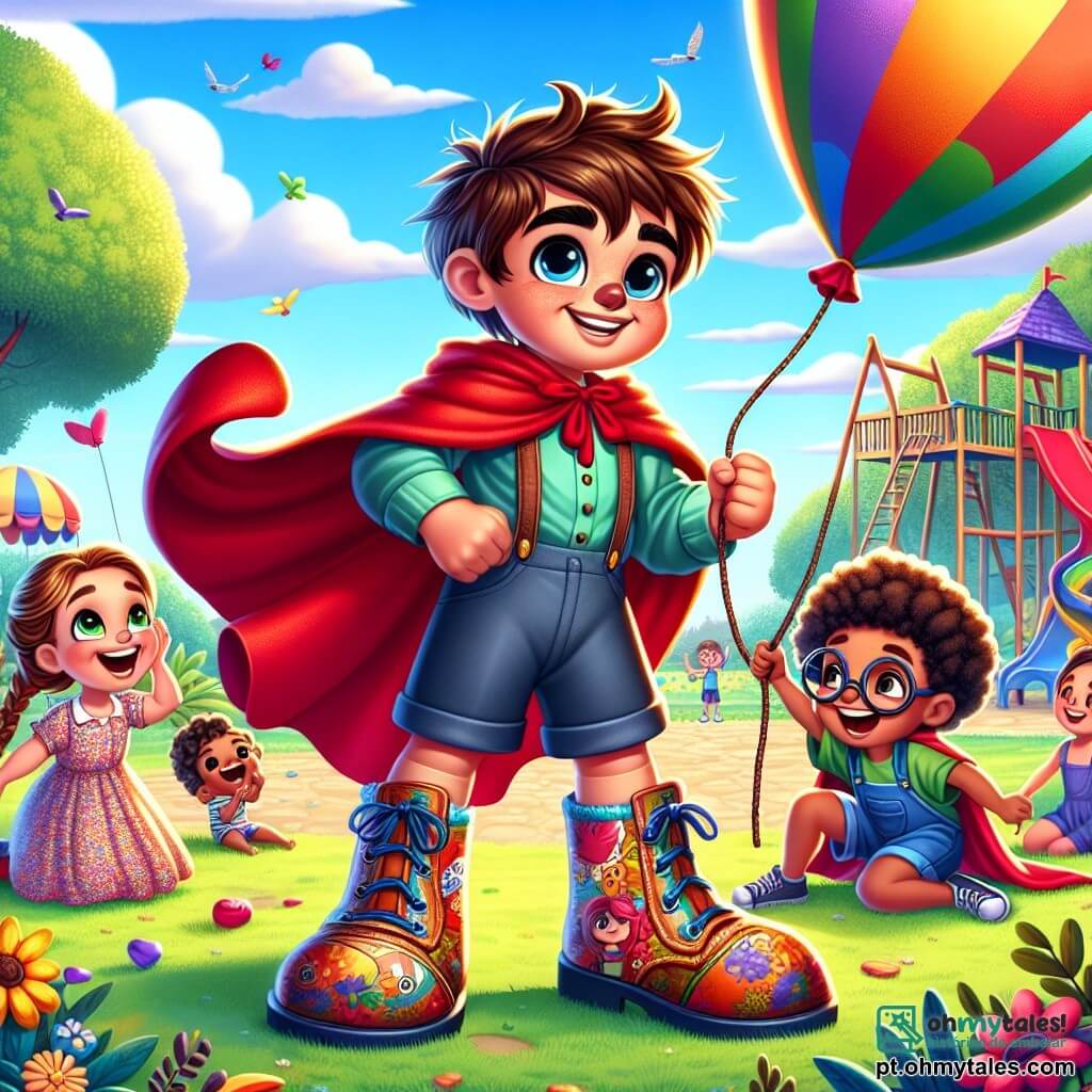 Um menino de 6 anos, chamado Pedro, está no centro da imagem, com cabelos castanhos bagunçados e um grande sorriso no rosto. Ele usa uma capa vermelha esvoaçante e botas coloridas, pronto para pular. Seus olhos brilham de excitação e determinação. À sua direita, Ana, uma menina de 6 anos com cabelos loiros trançados, o incentiva com um grande sorriso. Ela veste um vestido florido e segura uma corda. À esquerda, João, um menino de 6 anos com óculos e cabelos pretos, está enchendo um grande balão colorido, pronto para ajudar Pedro em seu desafio. Luísa, outra menina de 6 anos com cabelos cacheados e um macacão, está sentada no chão, rindo e segurando uma bola. O cenário é um parque ensolarado, com árvores verdes, flores coloridas e um grande escorregador ao fundo. O céu é azul com algumas nuvens brancas fofas. A cena principal mostra Pedro e seus amigos formando uma fila para pular juntos, com rostos radiantes de alegria e expectativa, prontos para o desafio de pular mais alto que a grande árvore do parque.
